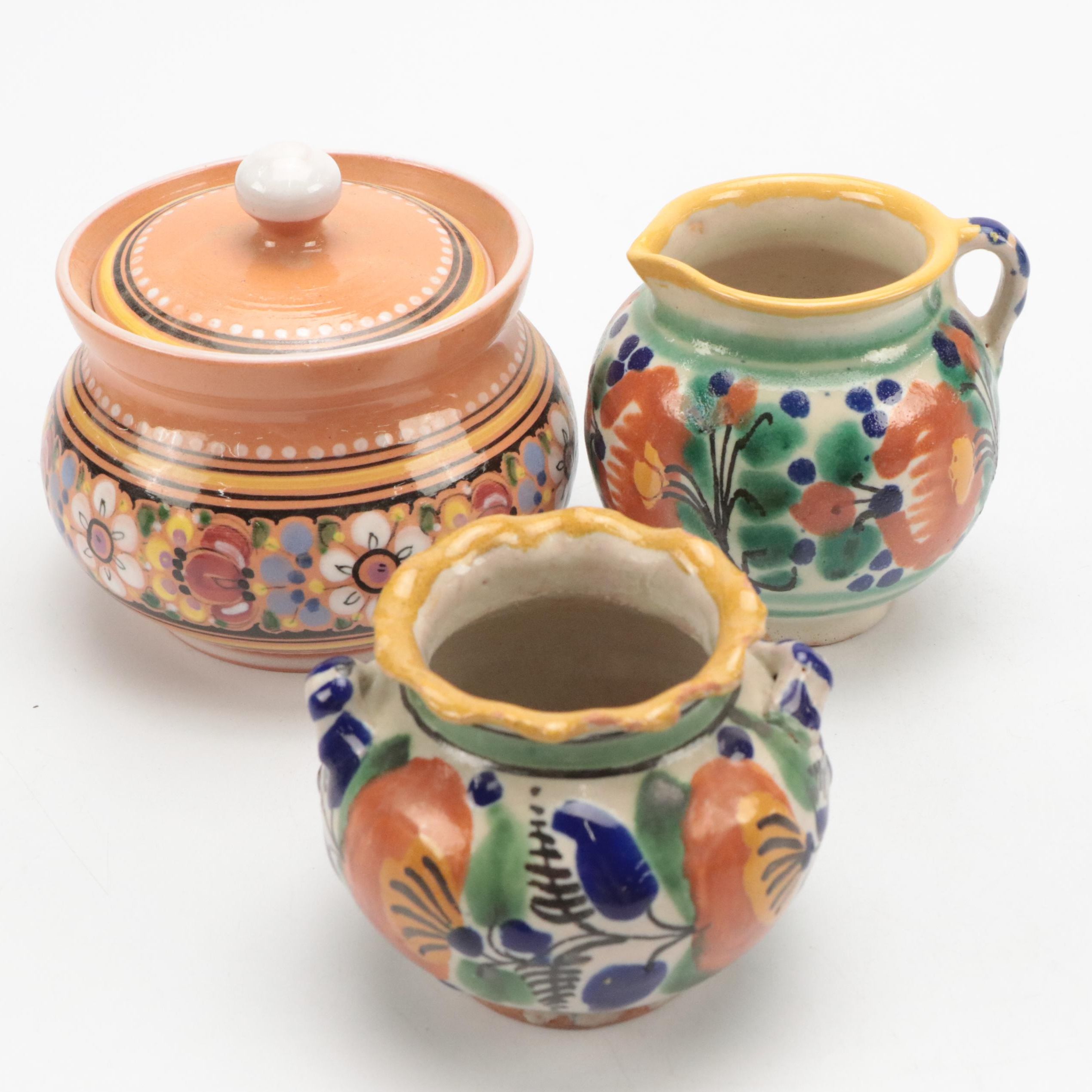 Mexican Art Pottery Creamer and Sugar with Czech Folk Art Pot