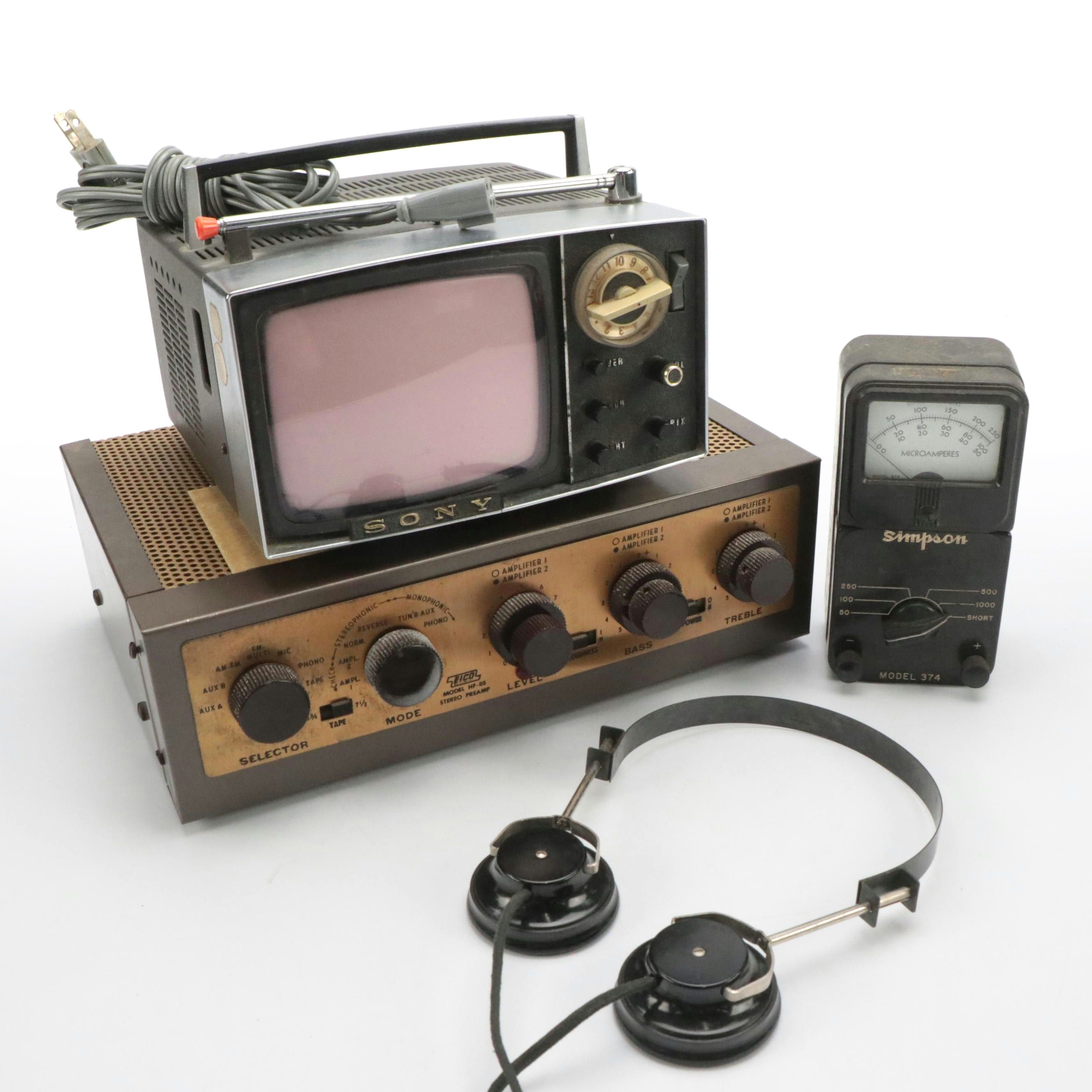 EICO HF-85 Stereo Preamp, Sony Television with Simpson Amp Meter, Headphones