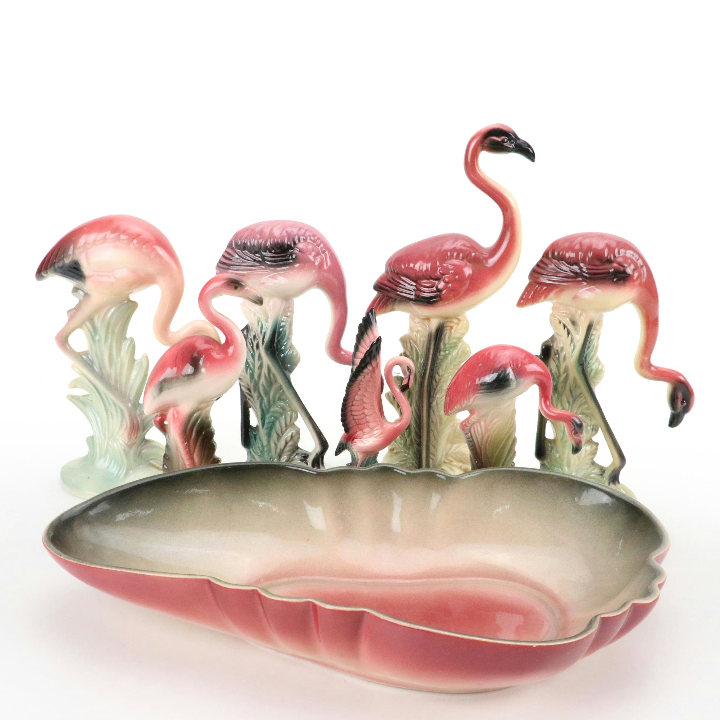 Brad Keeler Flamingo Figurine with California "Garden Time" Bowl and Figurines