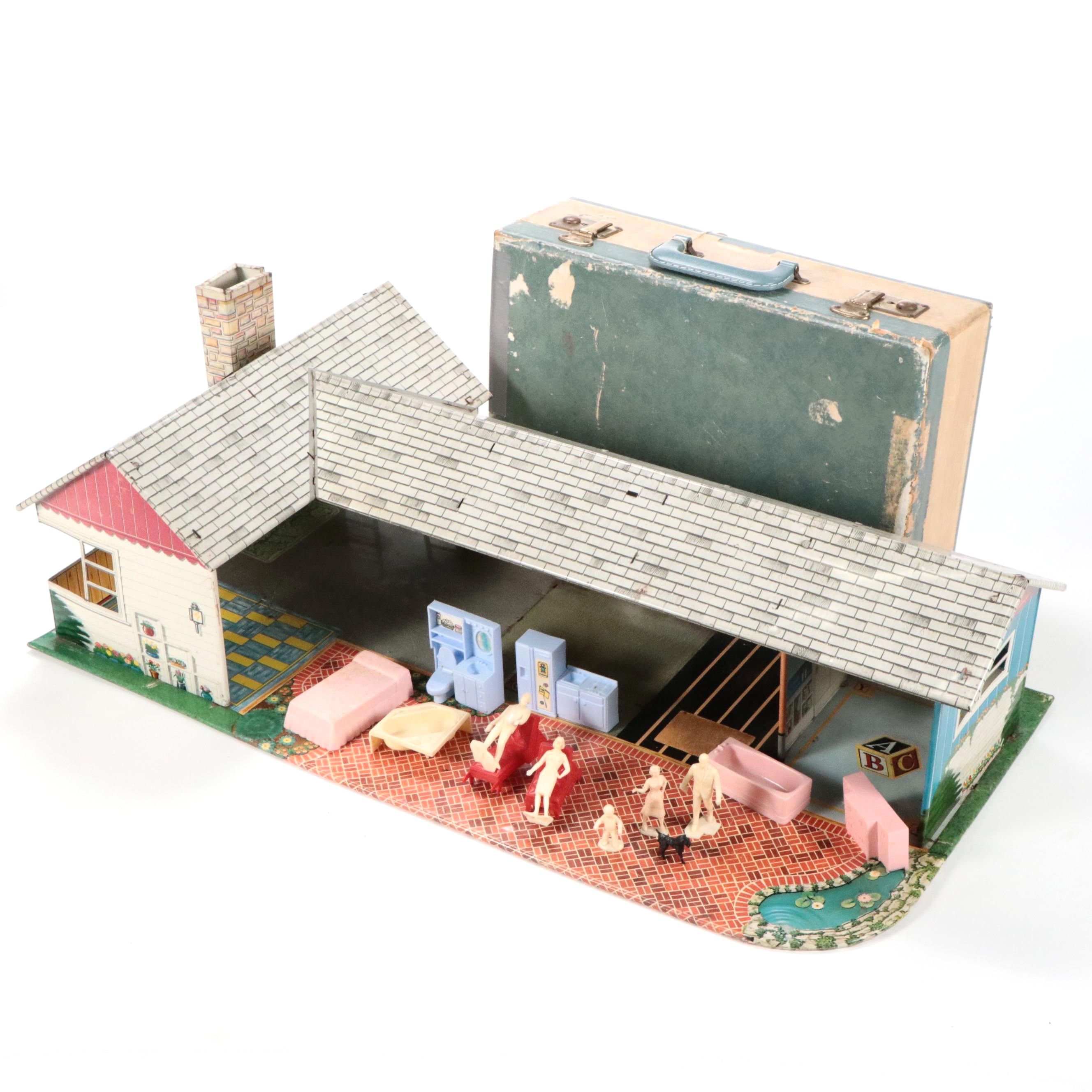Marx Tin Litho Mid-Century Ranch Doll House with Accessories
