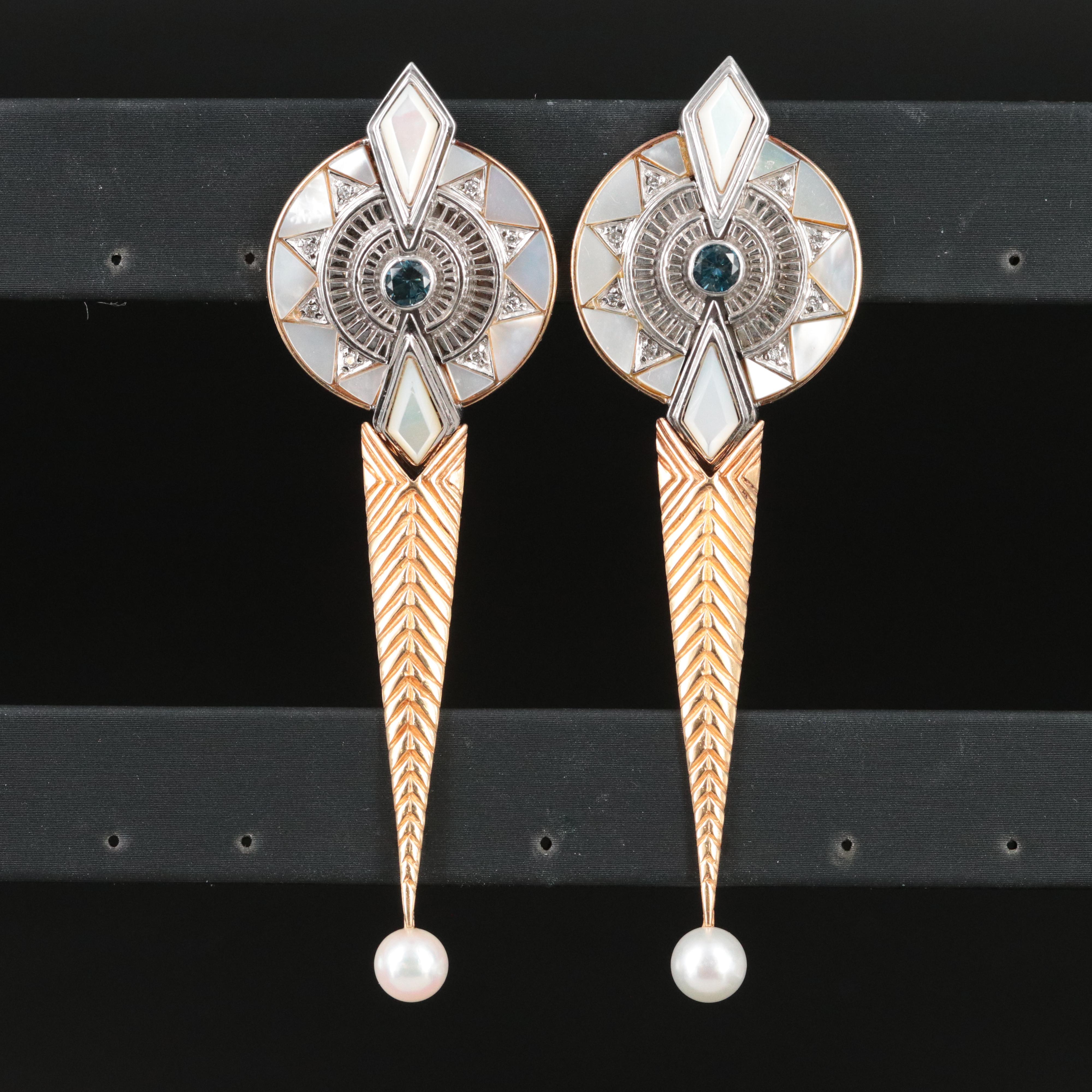 Erté 14K and Sterling Topaz, Diamond and Gemstone Pendulum Earrings