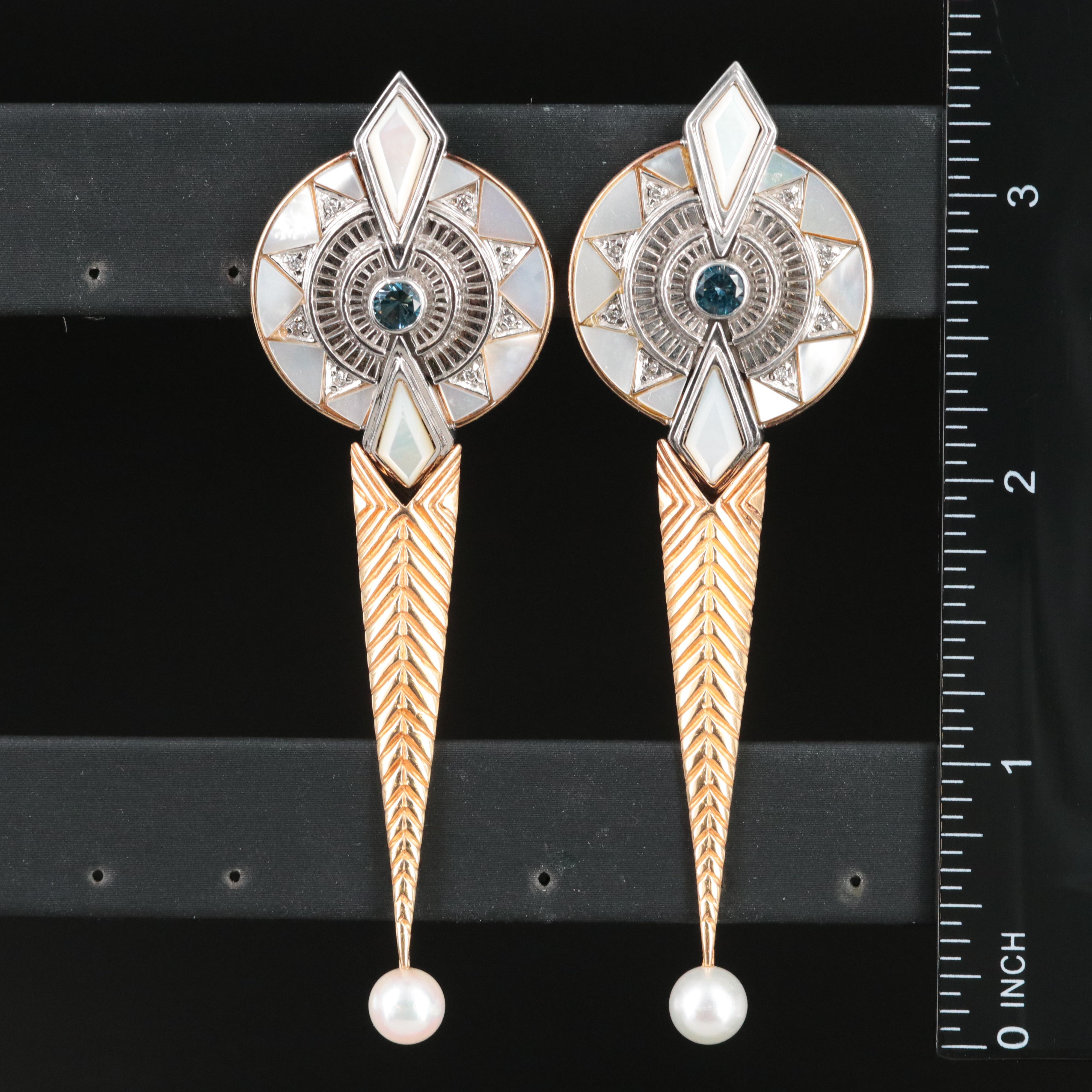 Erté 14K and Sterling Topaz, Diamond and Gemstone Pendulum Earrings
