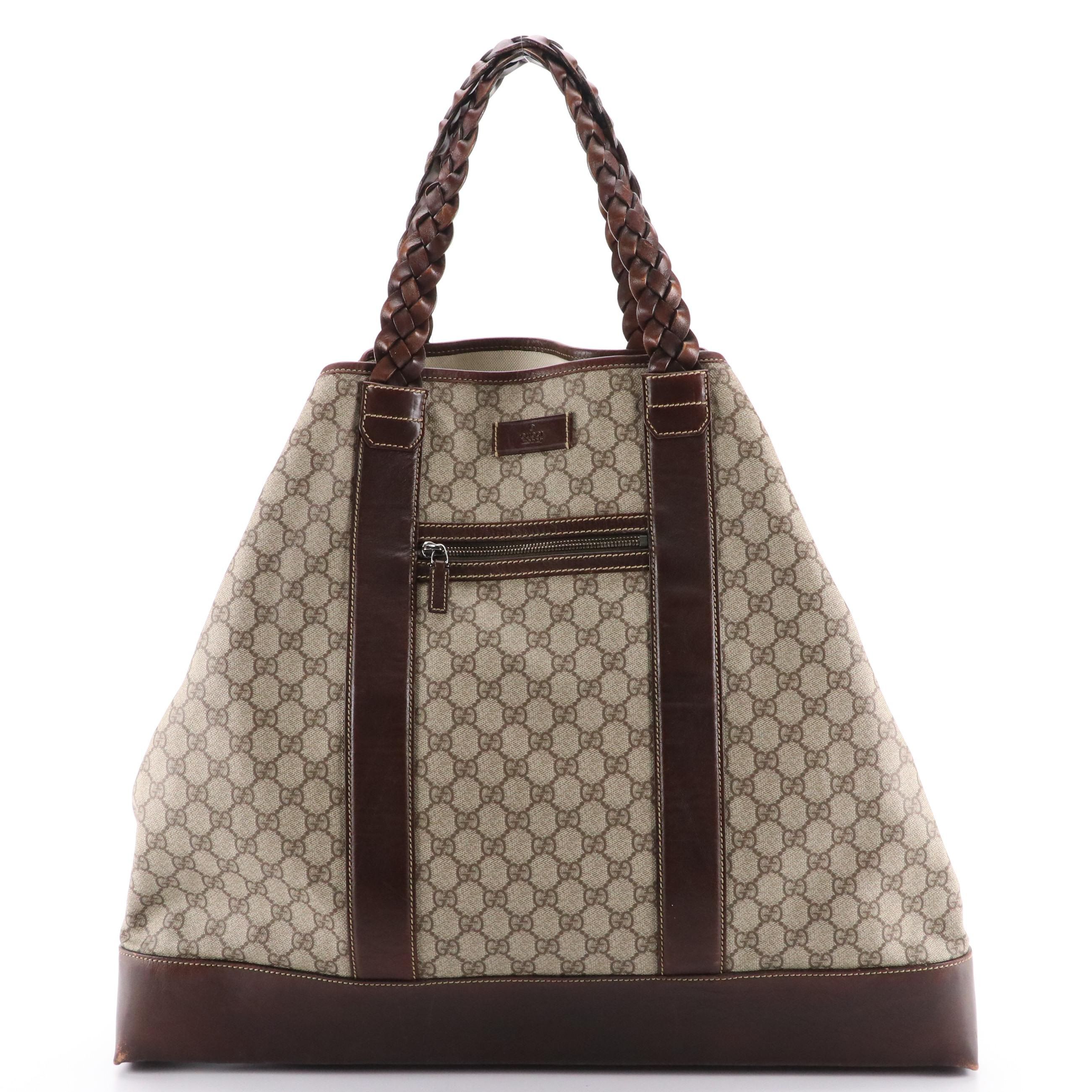 Gucci XL Braided Handle Tote in GG Supreme Canvas and Brown Leather Everything But The House