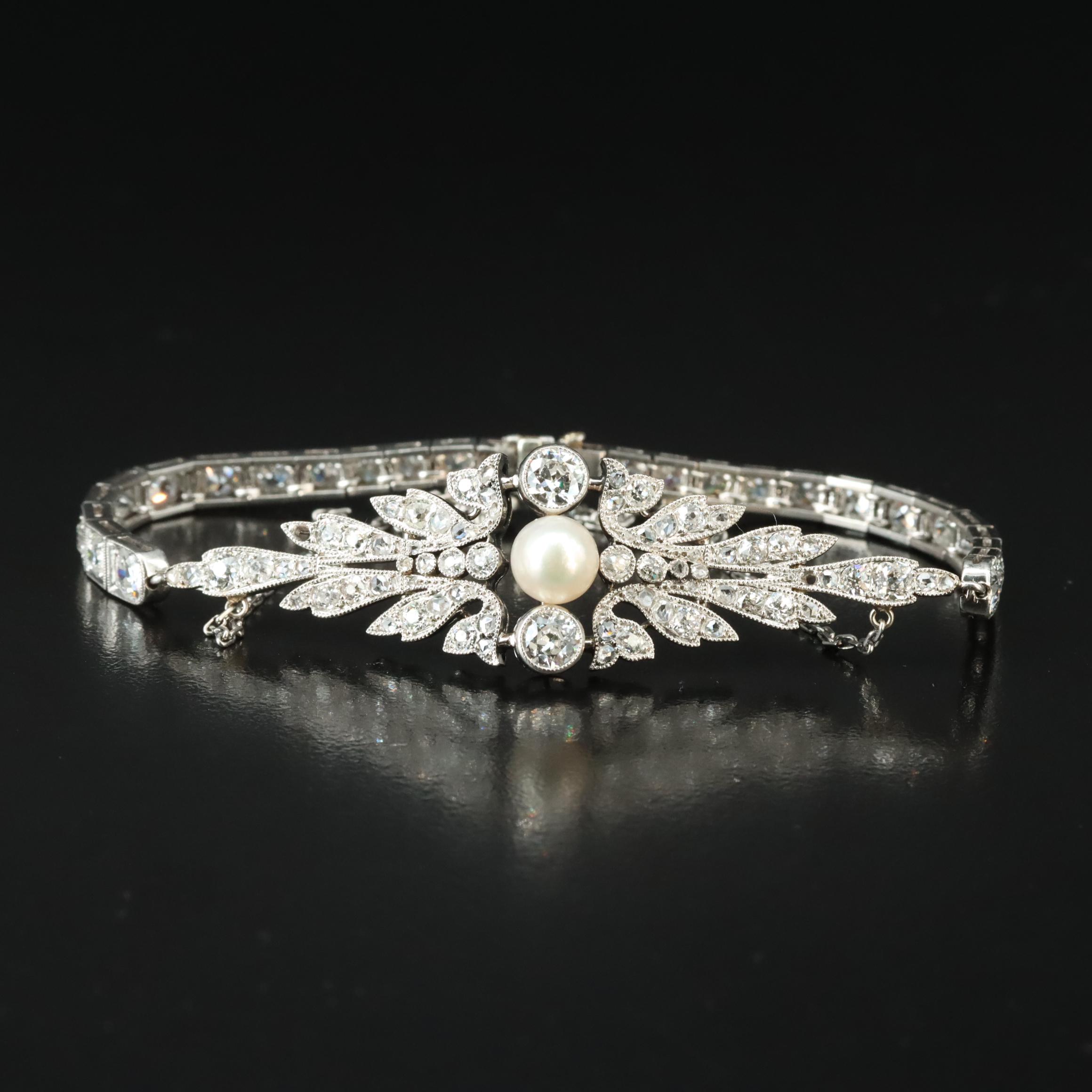 Edwardian Platinum Pearl and 5.90 CTW Diamond Bracelet