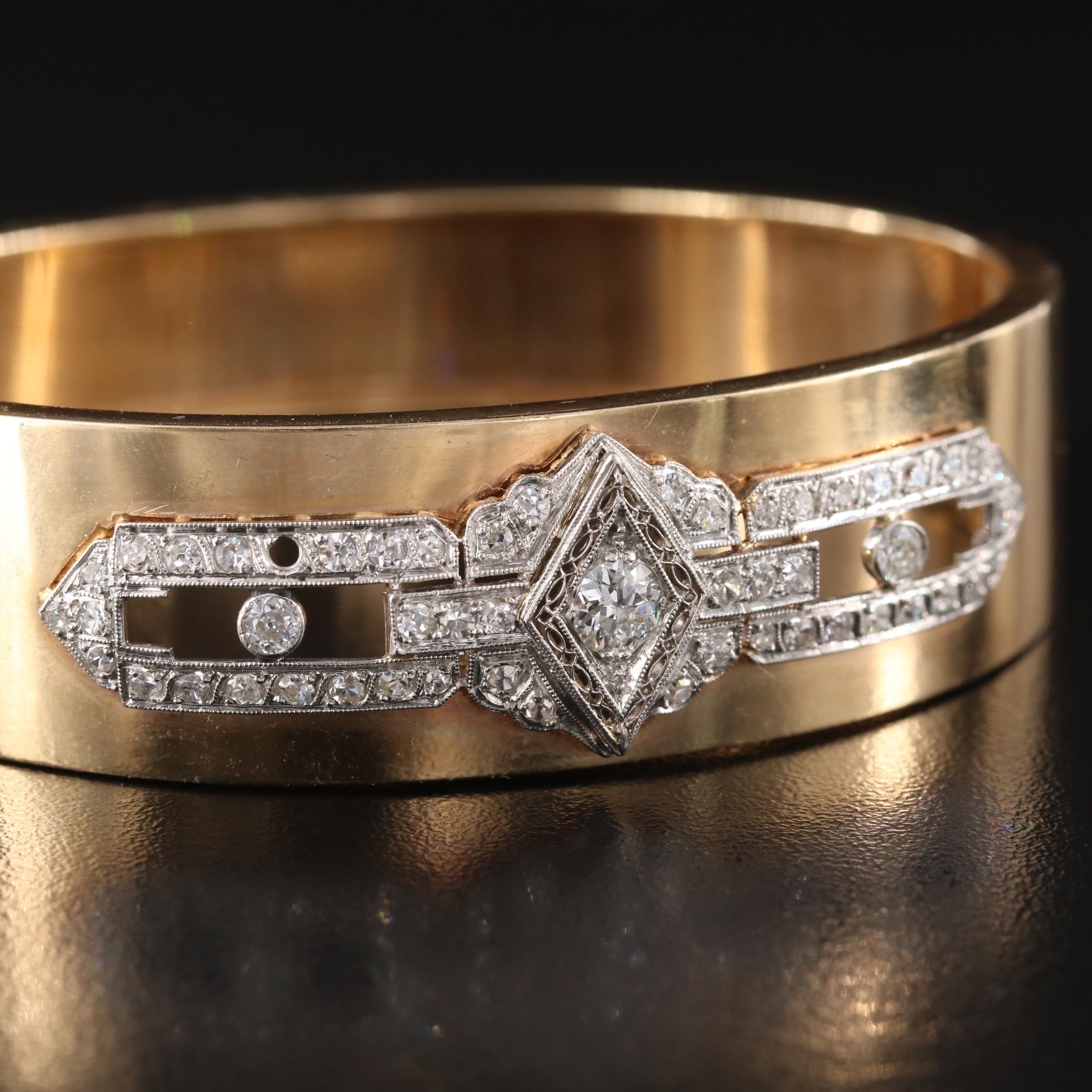 Antique Platinum 1.97 CTW Diamond Detail on 14K Hinged Cuff Bracelet