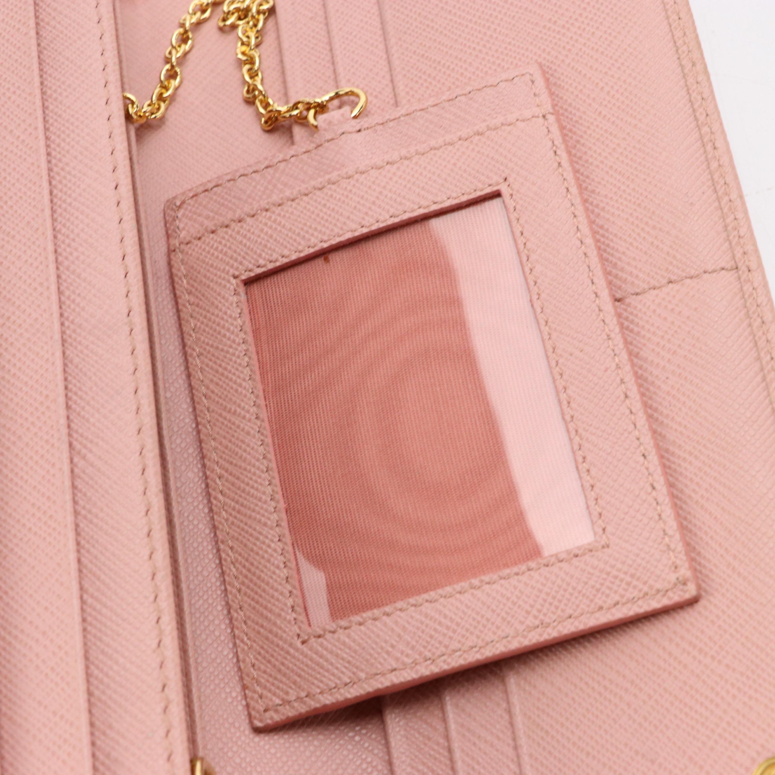 Prada Saffiano Leather Continental Wallet with ID/Card Case Chain and Box