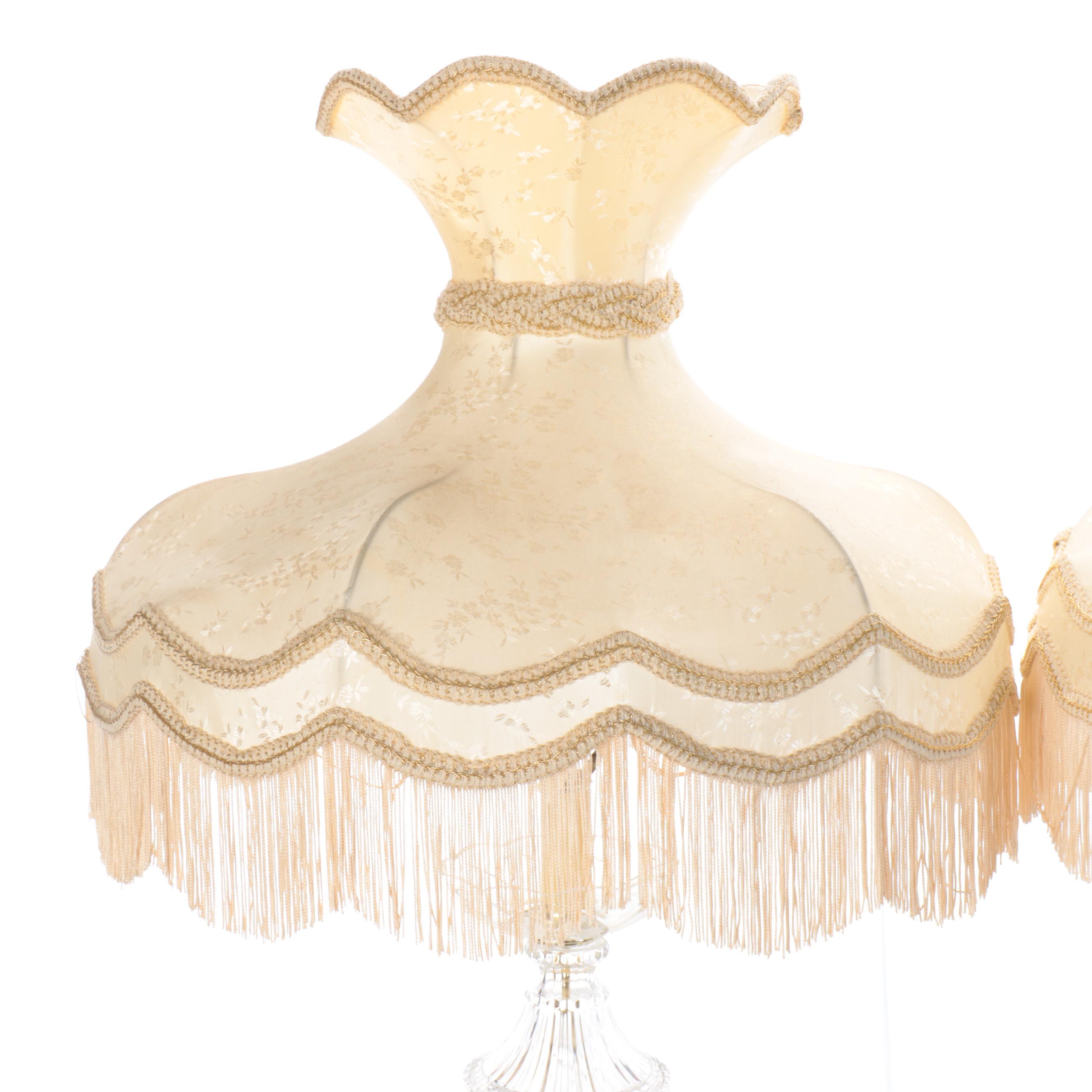 Pair of Slovenian Crystal on Brass Table Lamps with Victorian Bell Fringe Shades