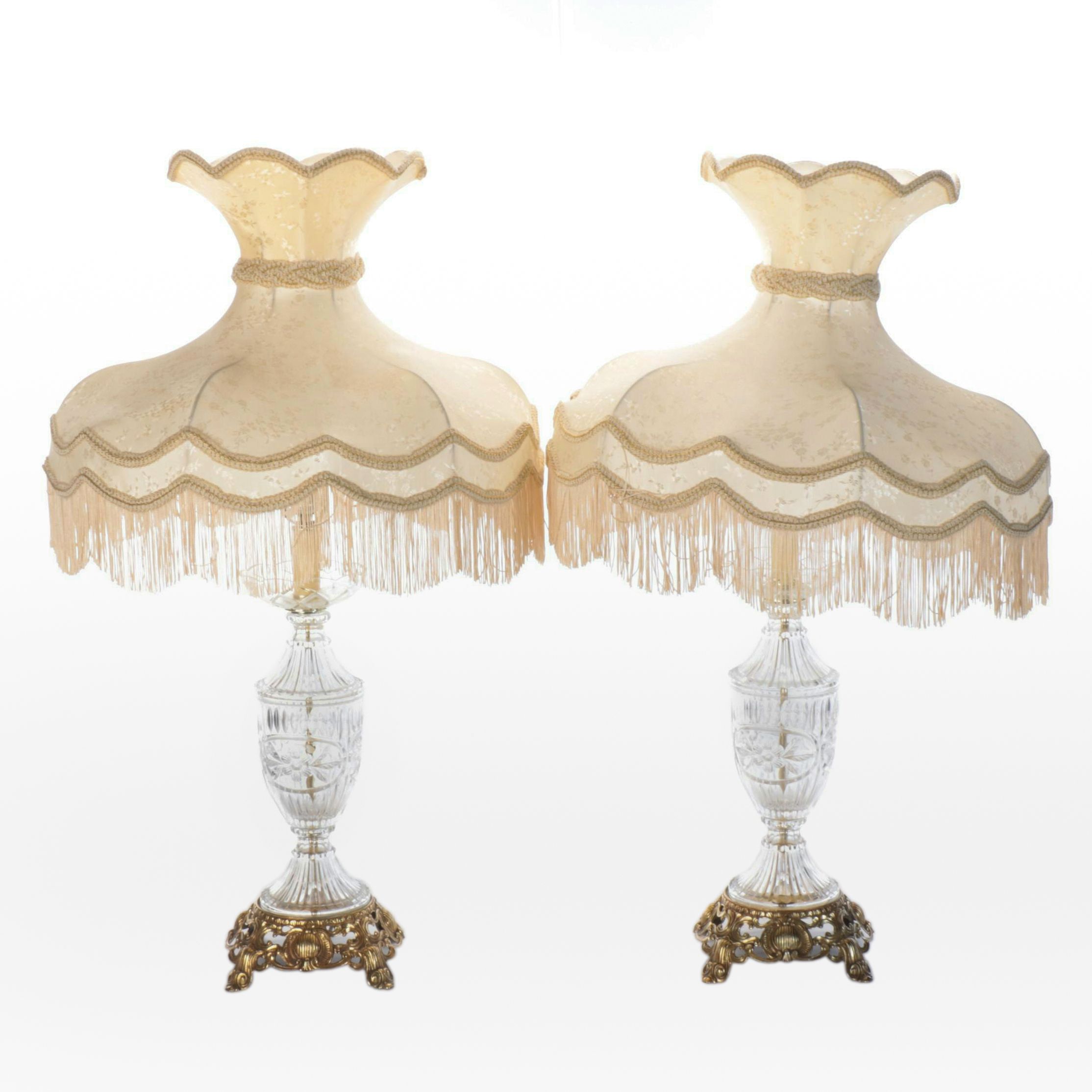 Pair of Slovenian Crystal on Brass Table Lamps with Victorian Bell Fringe Shades