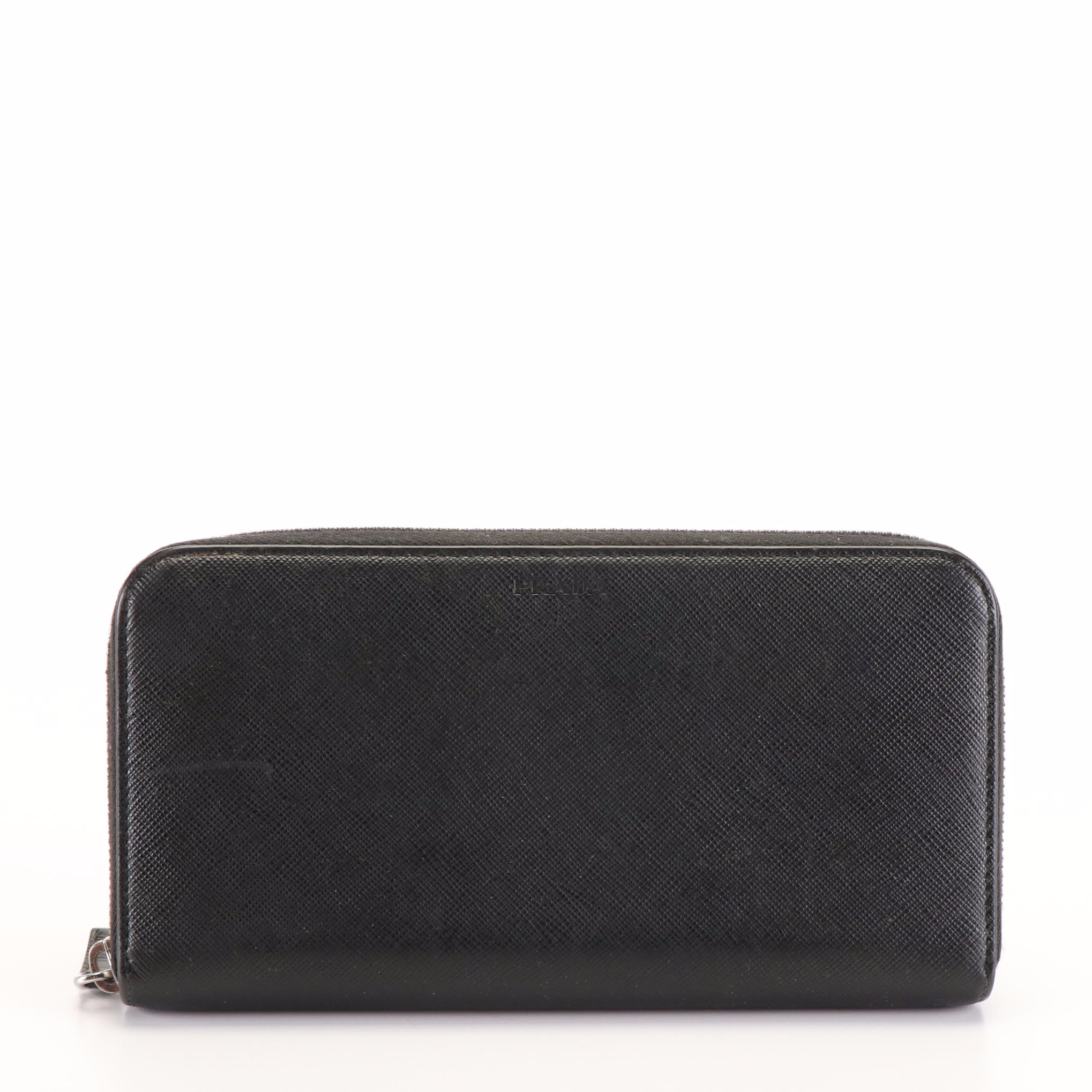 Prada Zip Around Continental Wallet in Black Saffiano Leather