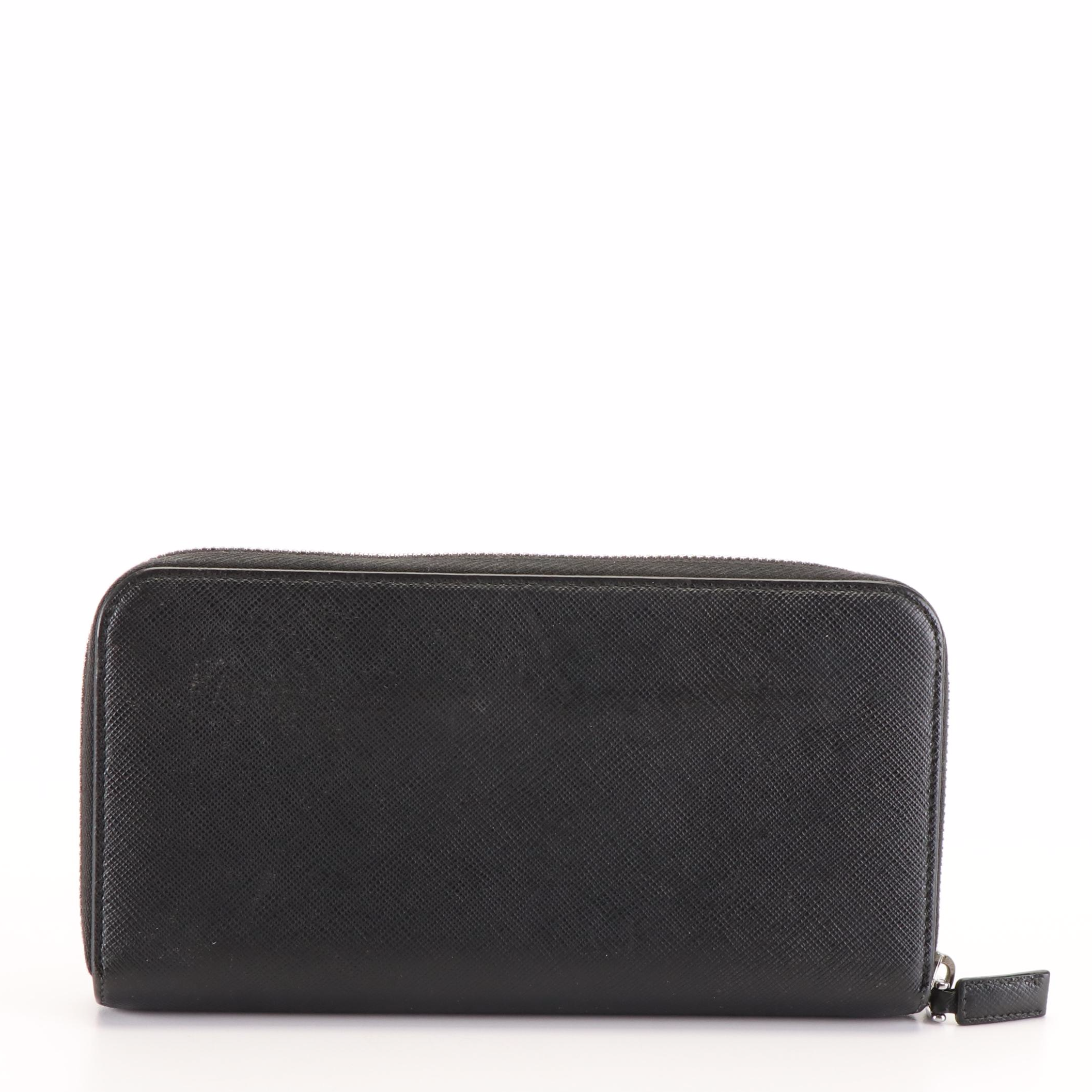 Prada Zip Around Continental Wallet in Black Saffiano Leather