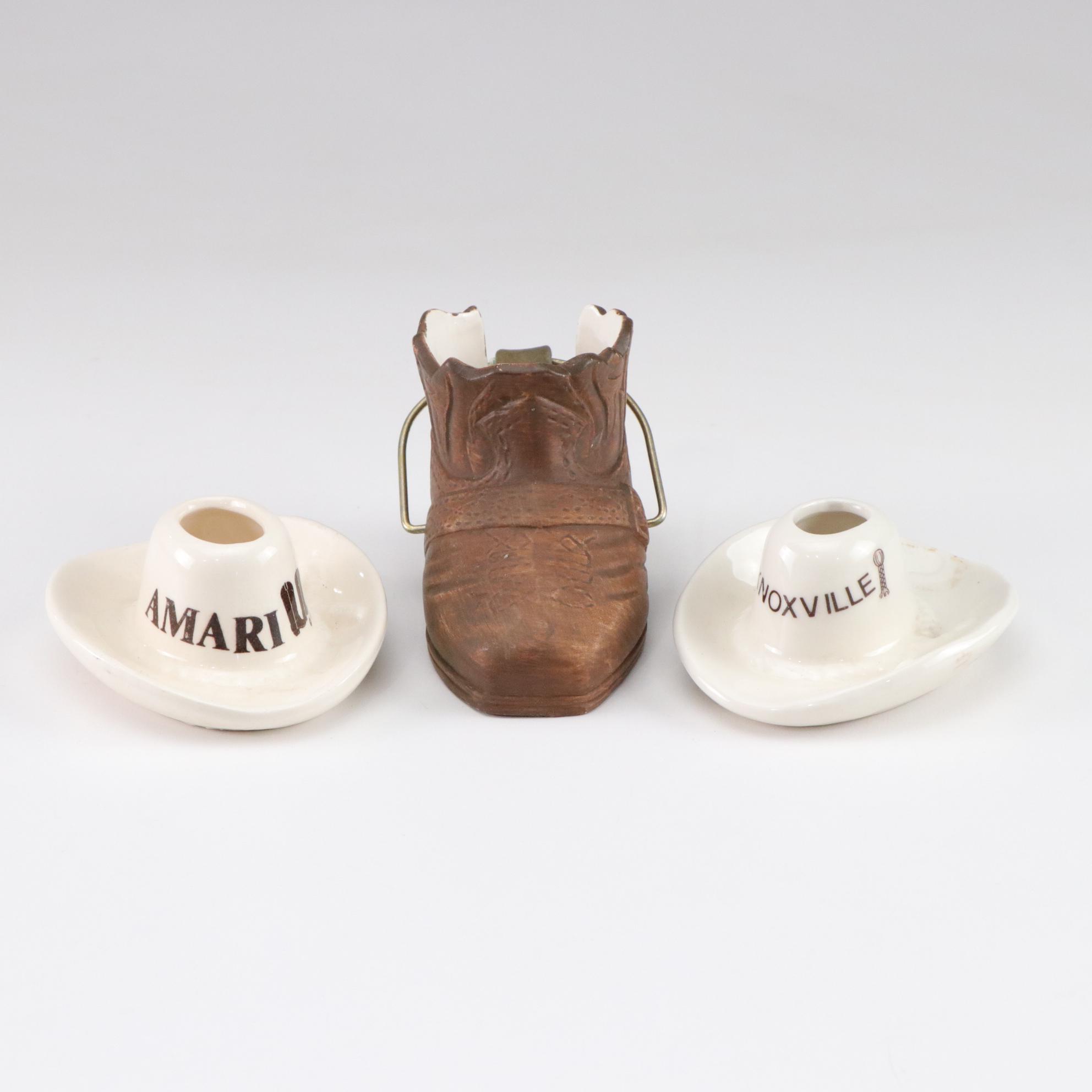 Lego Boot Spur Ashtray With Ceramic Souvenir Cowboy Hats