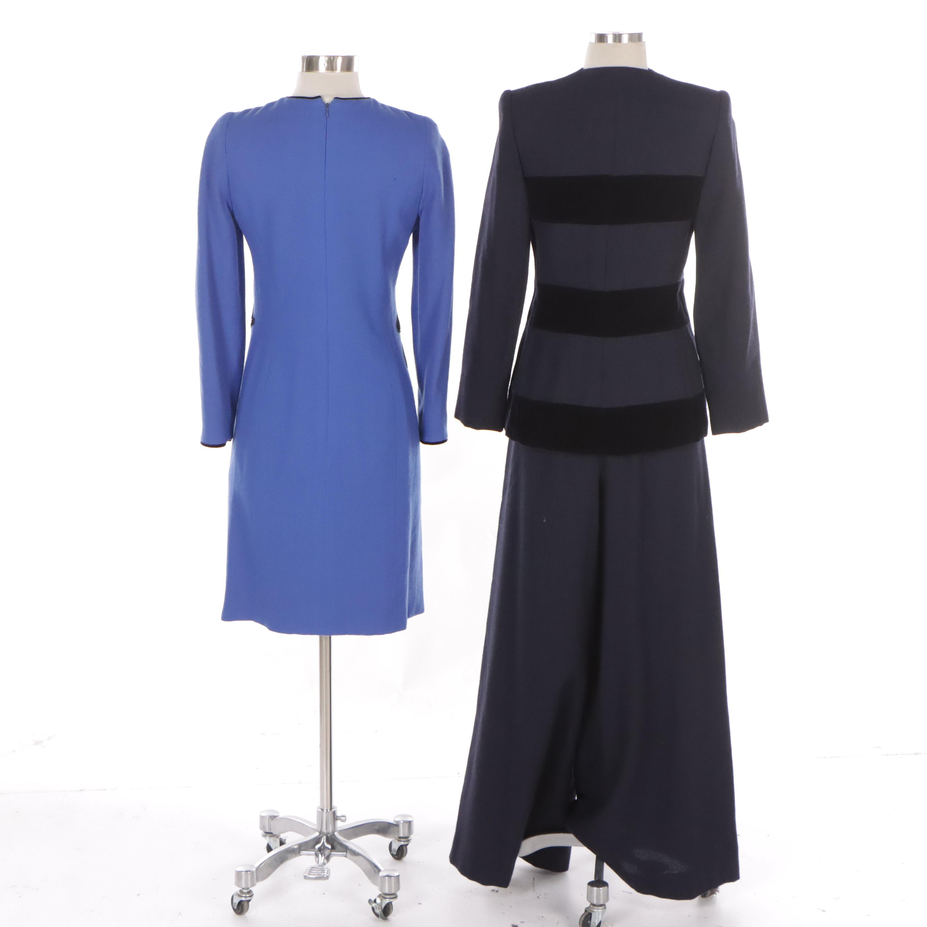 Carolina Herrera Leaf Appliqué Royal Blue Dress, Navy Blue Wool Pants Suit
