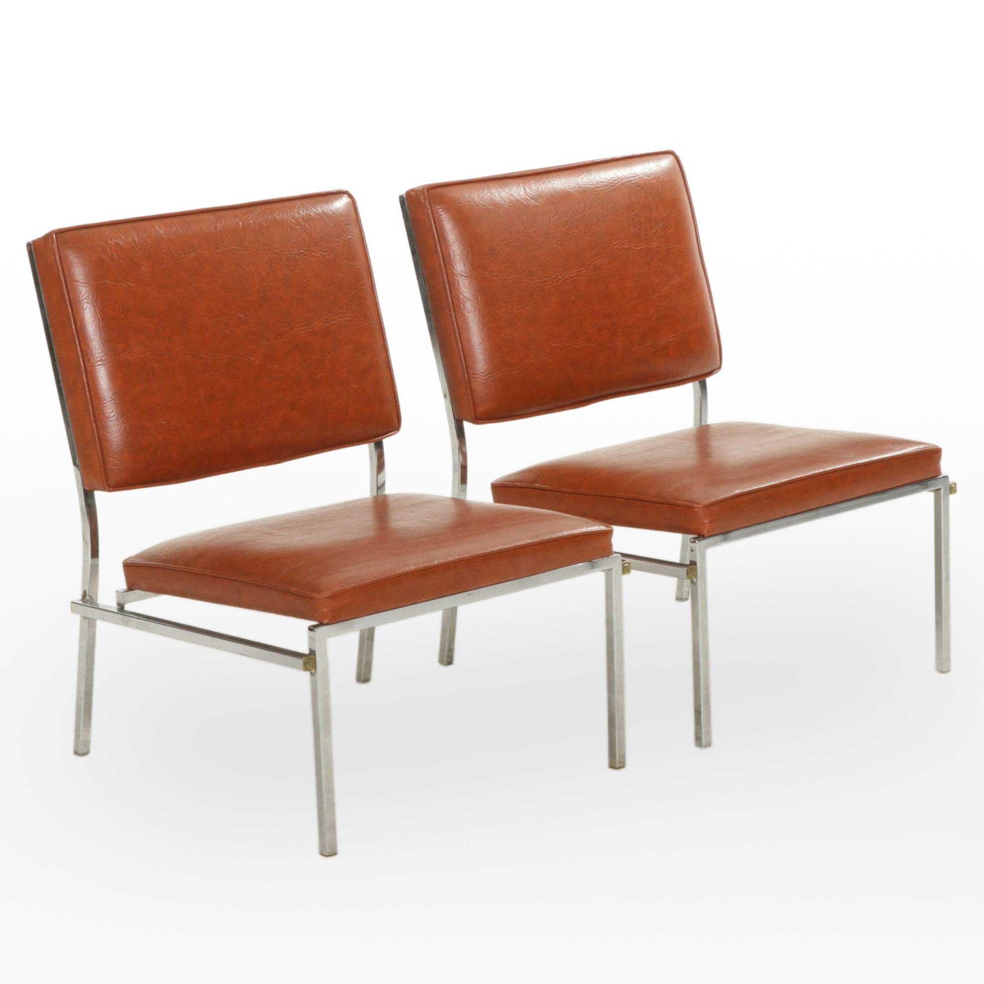 Two Mid Century Modern Chrome Framed Slipper Chairs with Naugahyde Upholstery