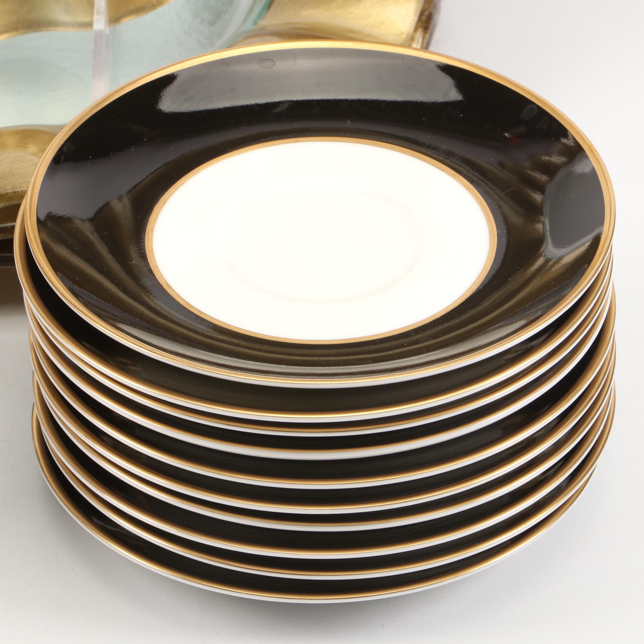 Mikasa "Onyx" Black and Gold Porcelain Dinnerware with Fluted Glass Plates