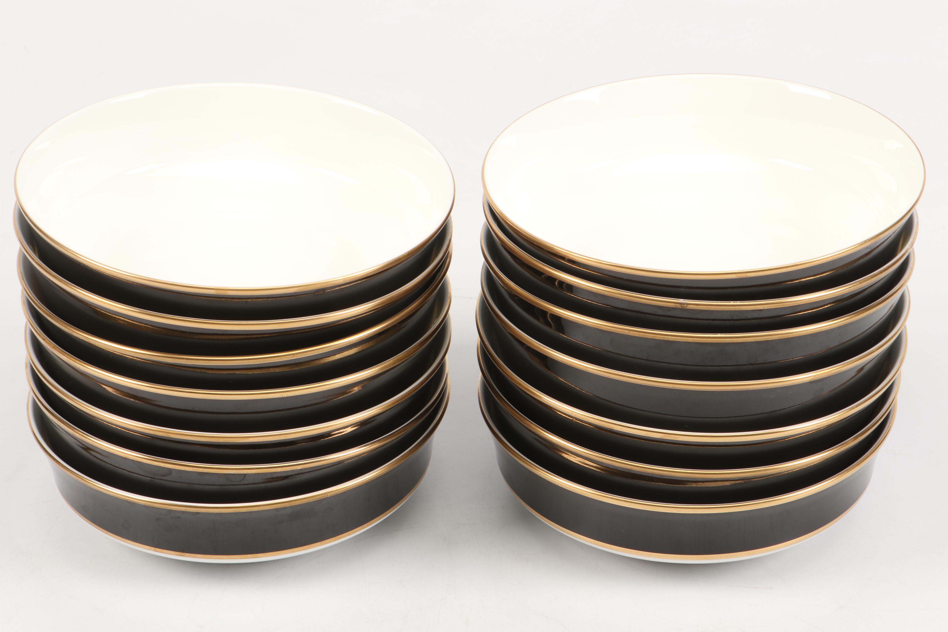 Mikasa "Onyx" Black and Gold Porcelain Dinnerware with Fluted Glass Plates
