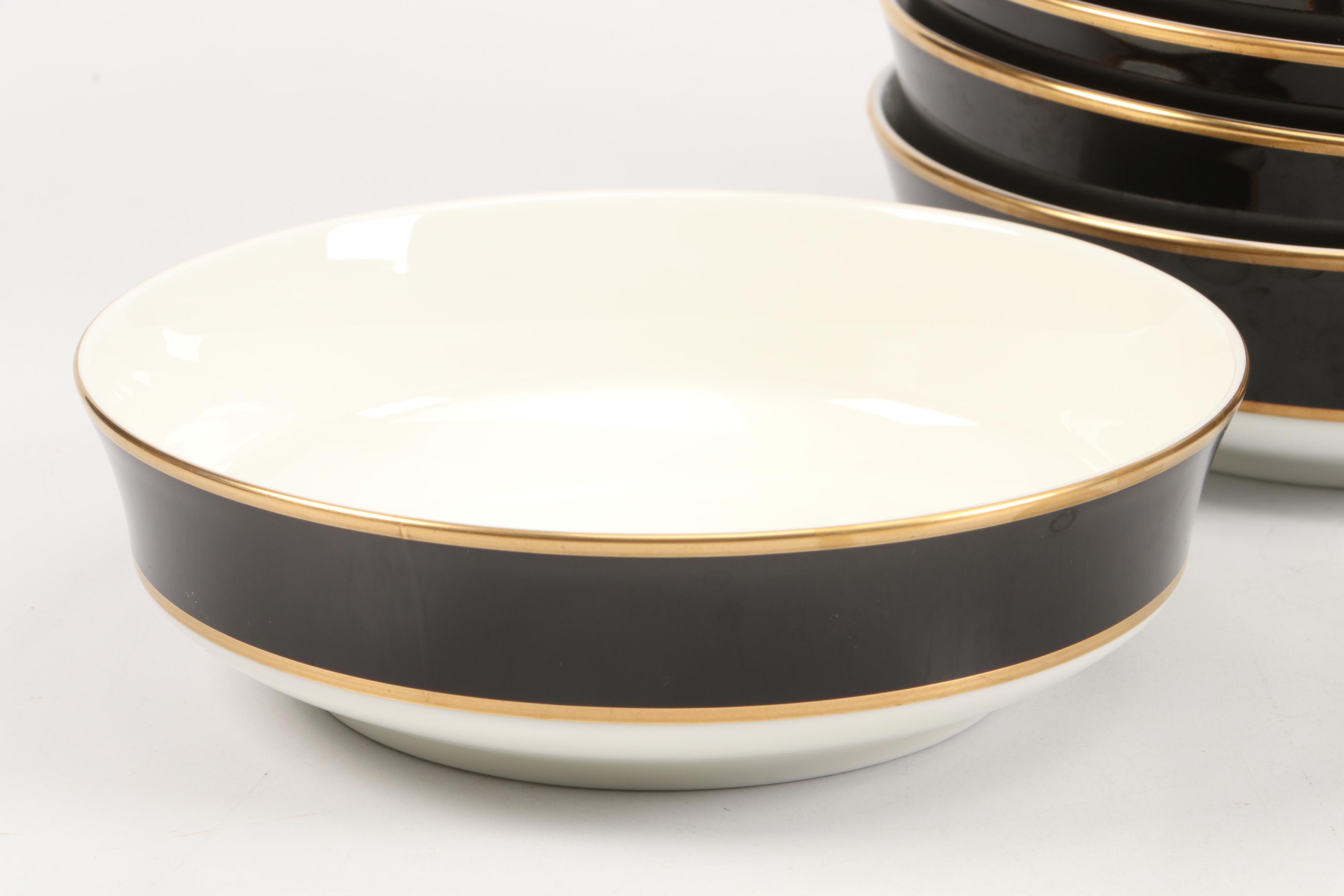 Mikasa "Onyx" Black and Gold Porcelain Dinnerware with Fluted Glass Plates