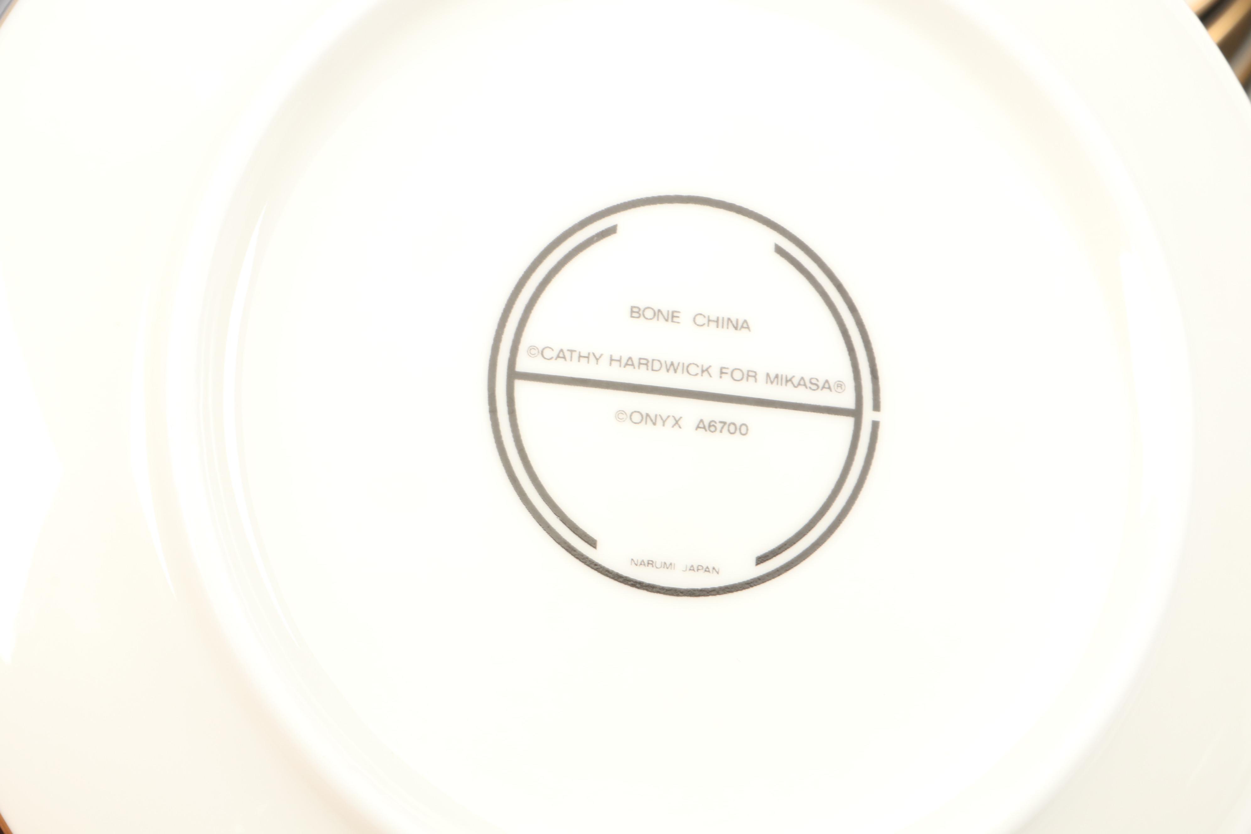 Mikasa "Onyx" Black and Gold Porcelain Dinnerware with Fluted Glass Plates