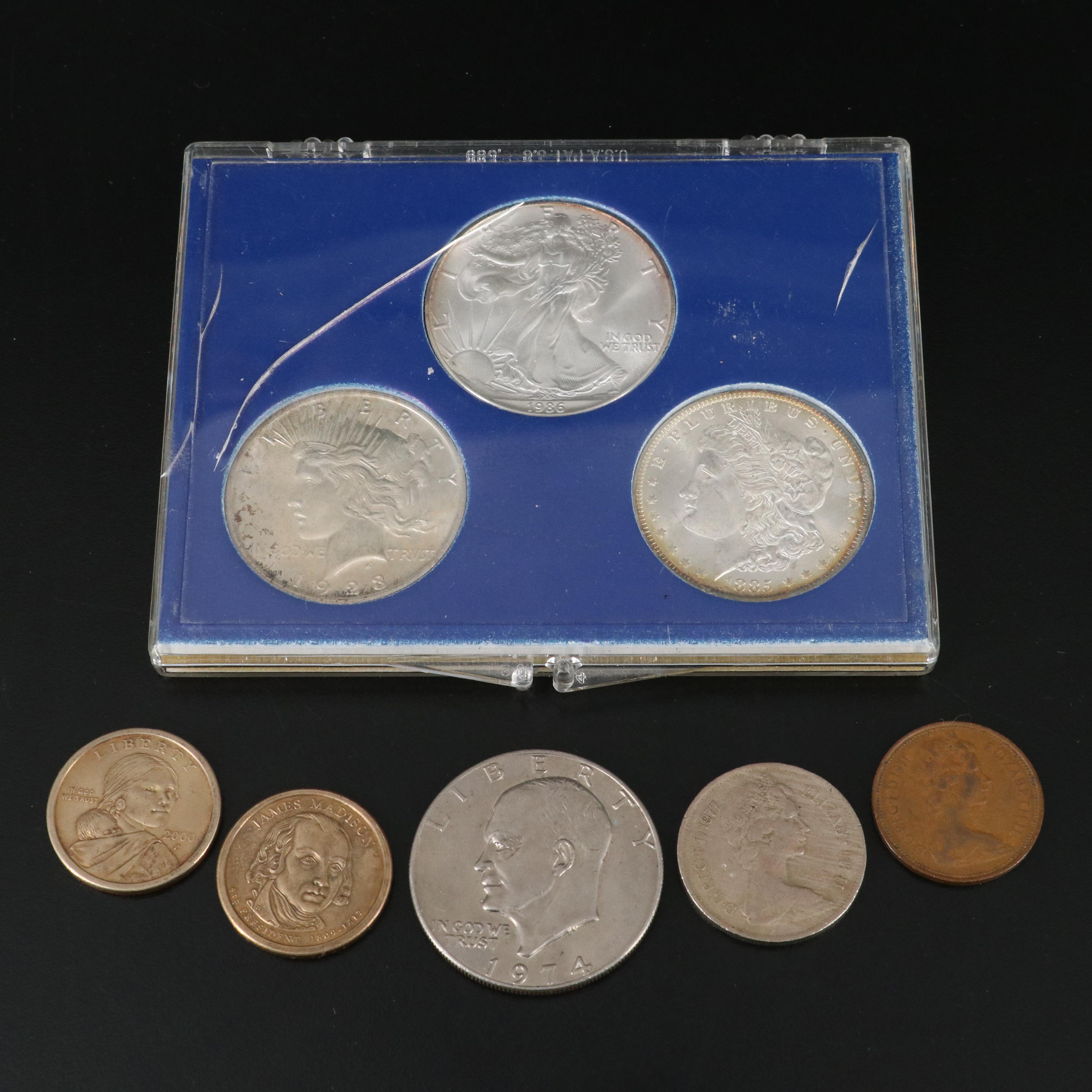 Collection of Six U.S. Dollar Coins and Two Foreign Coins