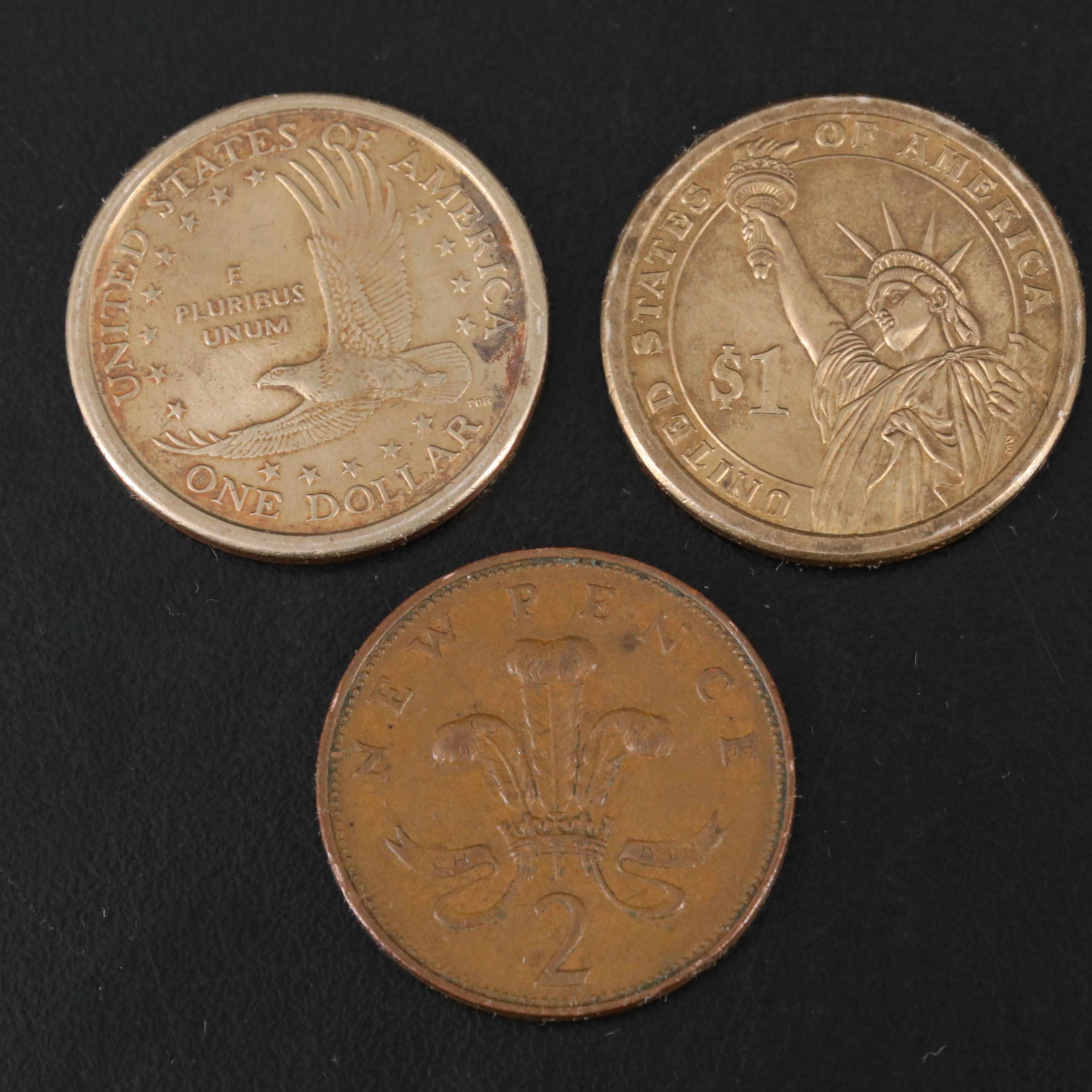 Collection of Six U.S. Dollar Coins and Two Foreign Coins