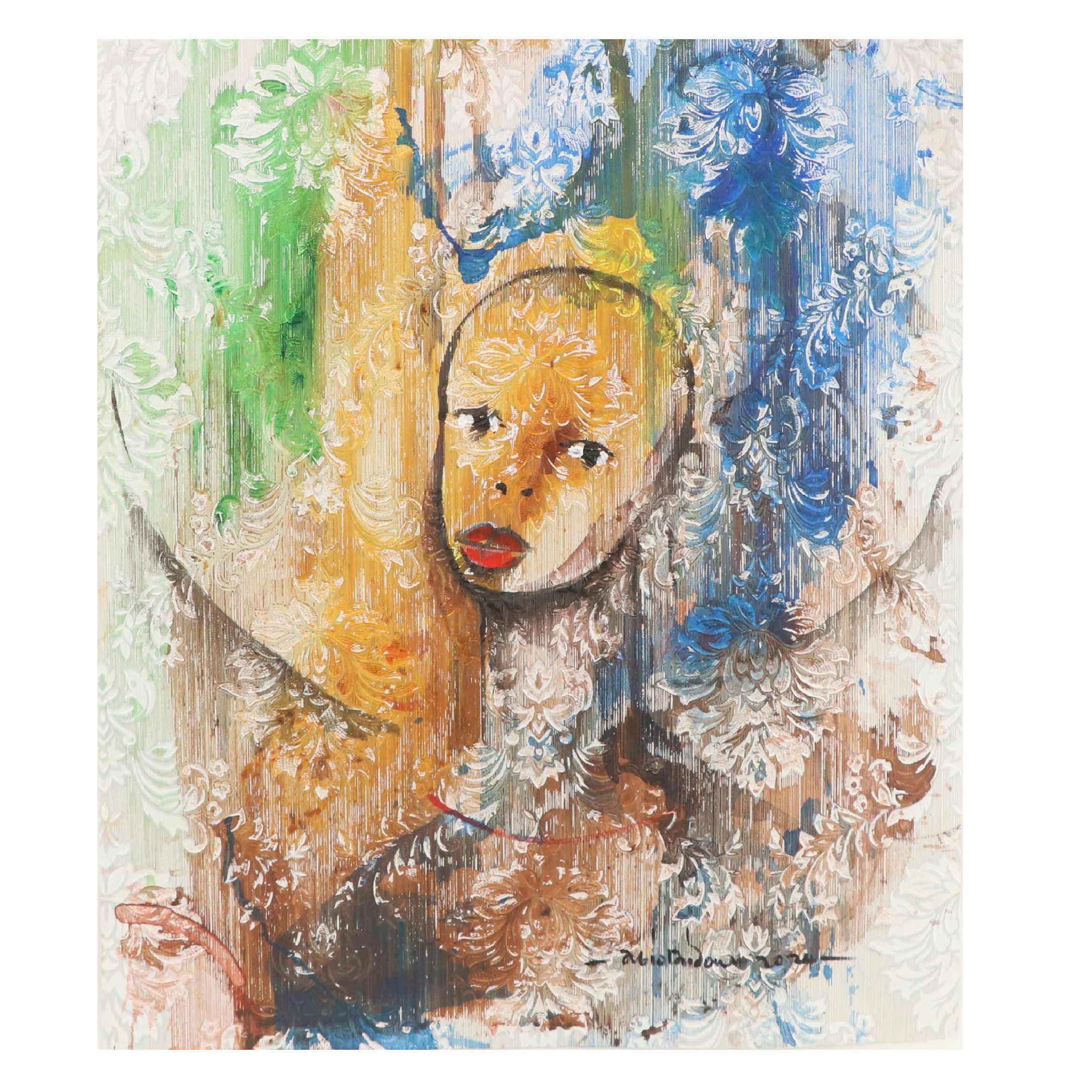 Abiola Idowu Stylized Acrylic Portrait "Full Moon," 2024