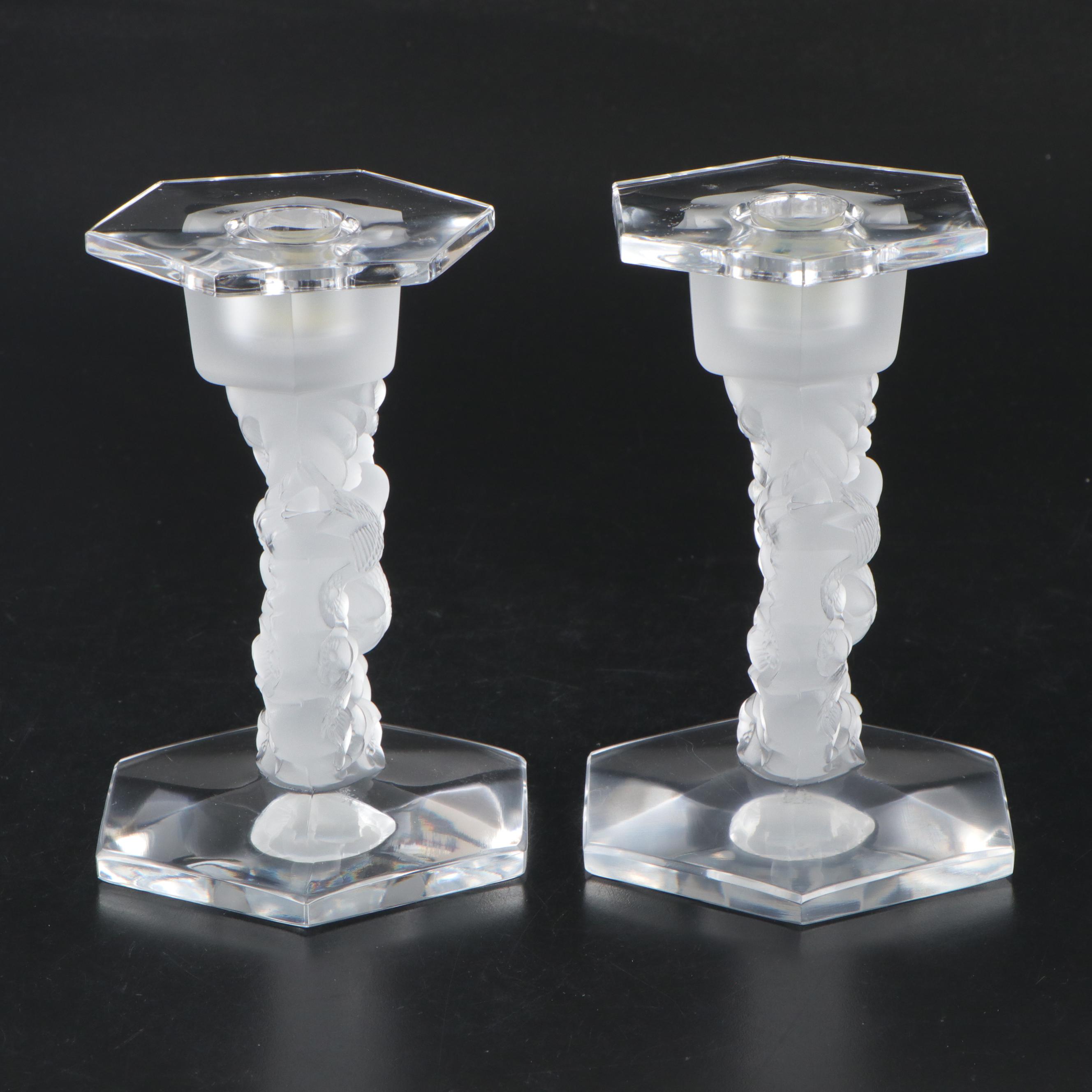 Lalique "Mesanges" Frosted and Clear Crystal Single Light Candlesticks, 1945–77