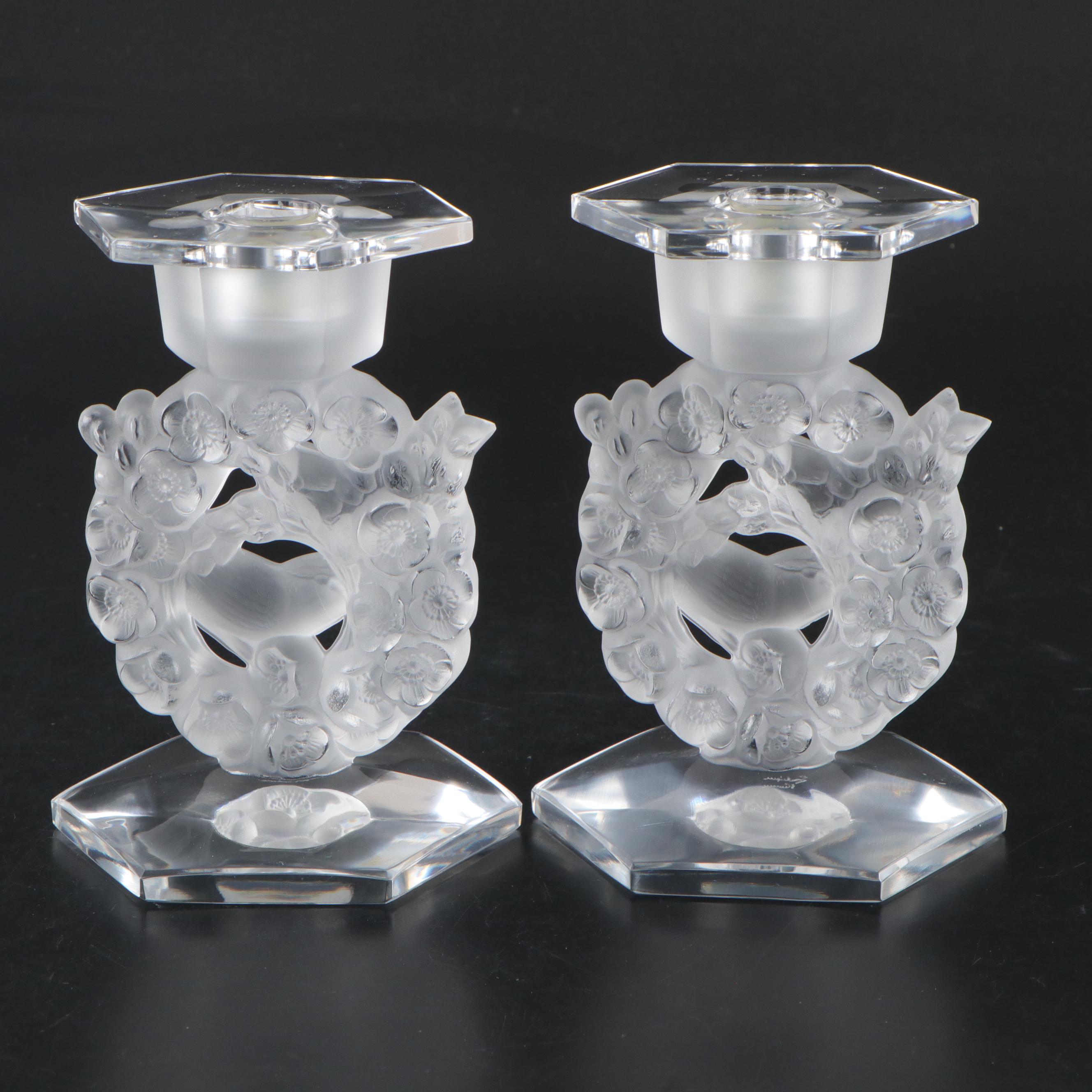Lalique "Mesanges" Frosted and Clear Crystal Single Light Candlesticks, 1945–77