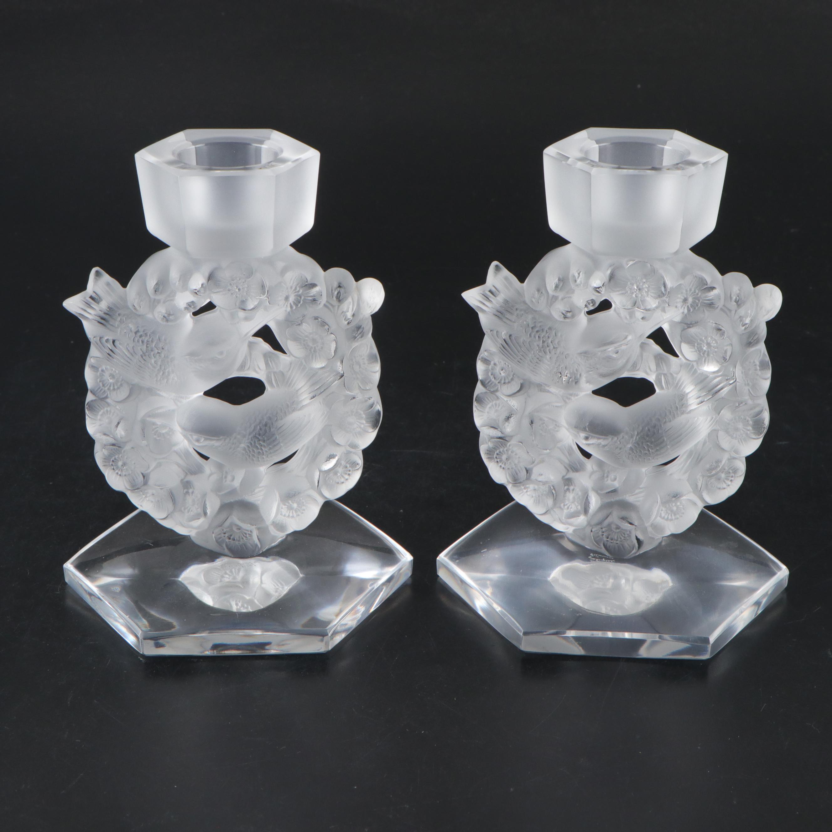 Lalique "Mesanges" Frosted and Clear Crystal Single Light Candlesticks, 1945–77