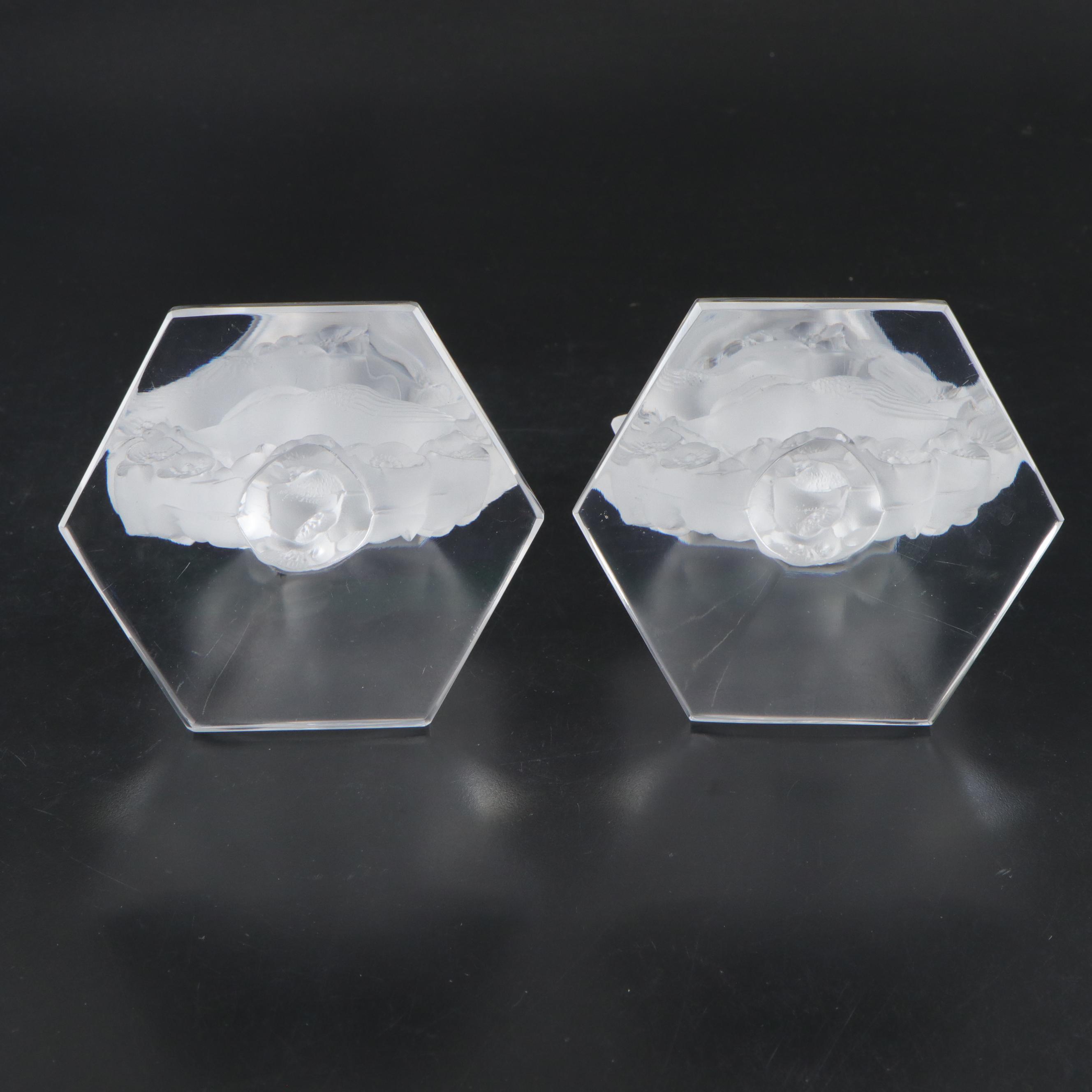 Lalique "Mesanges" Frosted and Clear Crystal Single Light Candlesticks, 1945–77