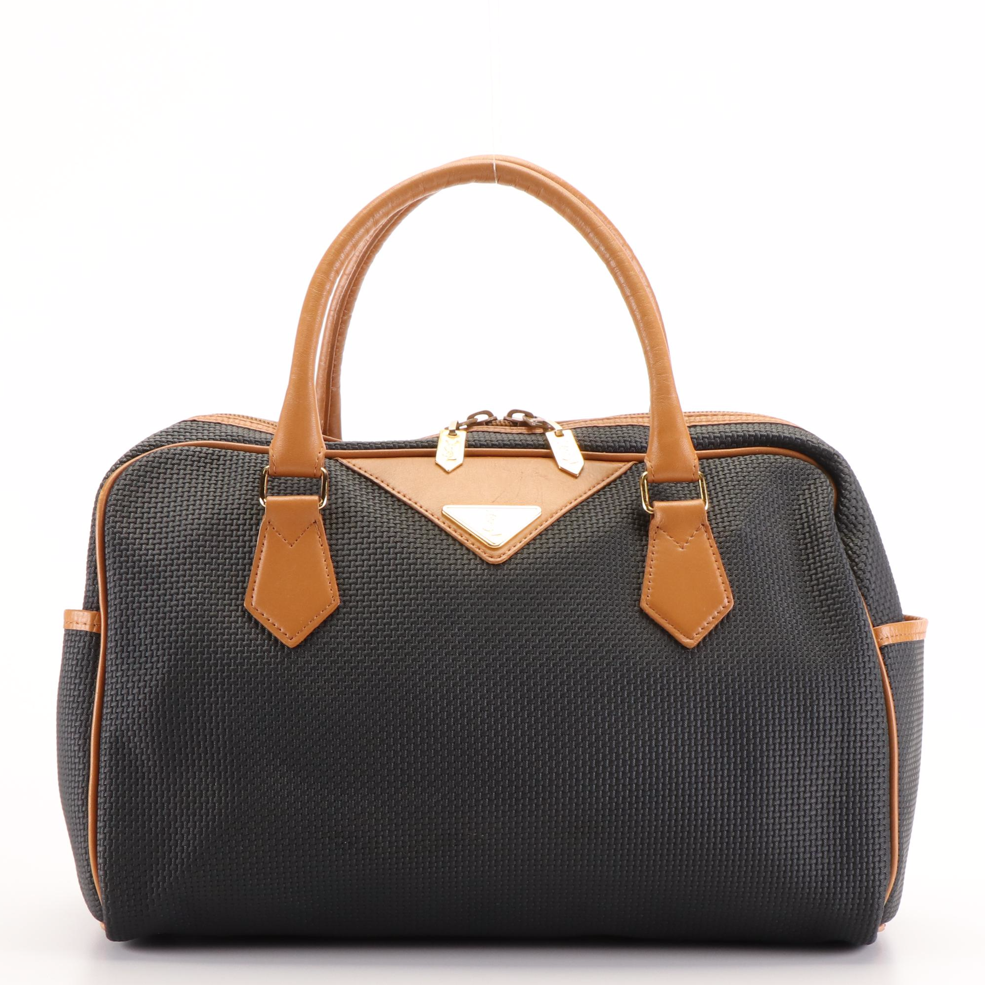 Yves Saint Laurent Boston Bag in Basket Weave Patterned Coated Canvas