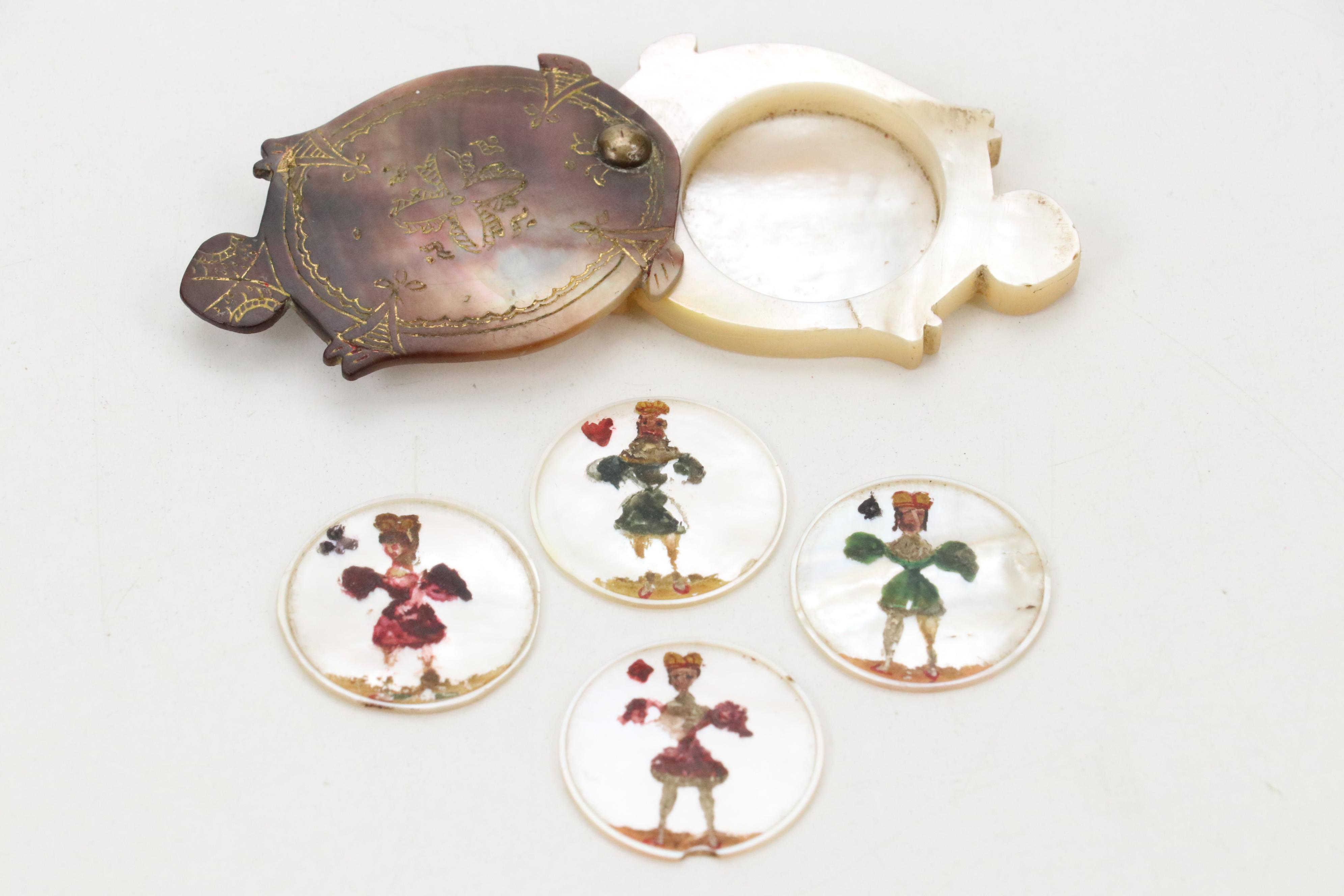 Ceramic, MOP, Bone, and Plastic Whist Card Game Scoring Markers in Boxes