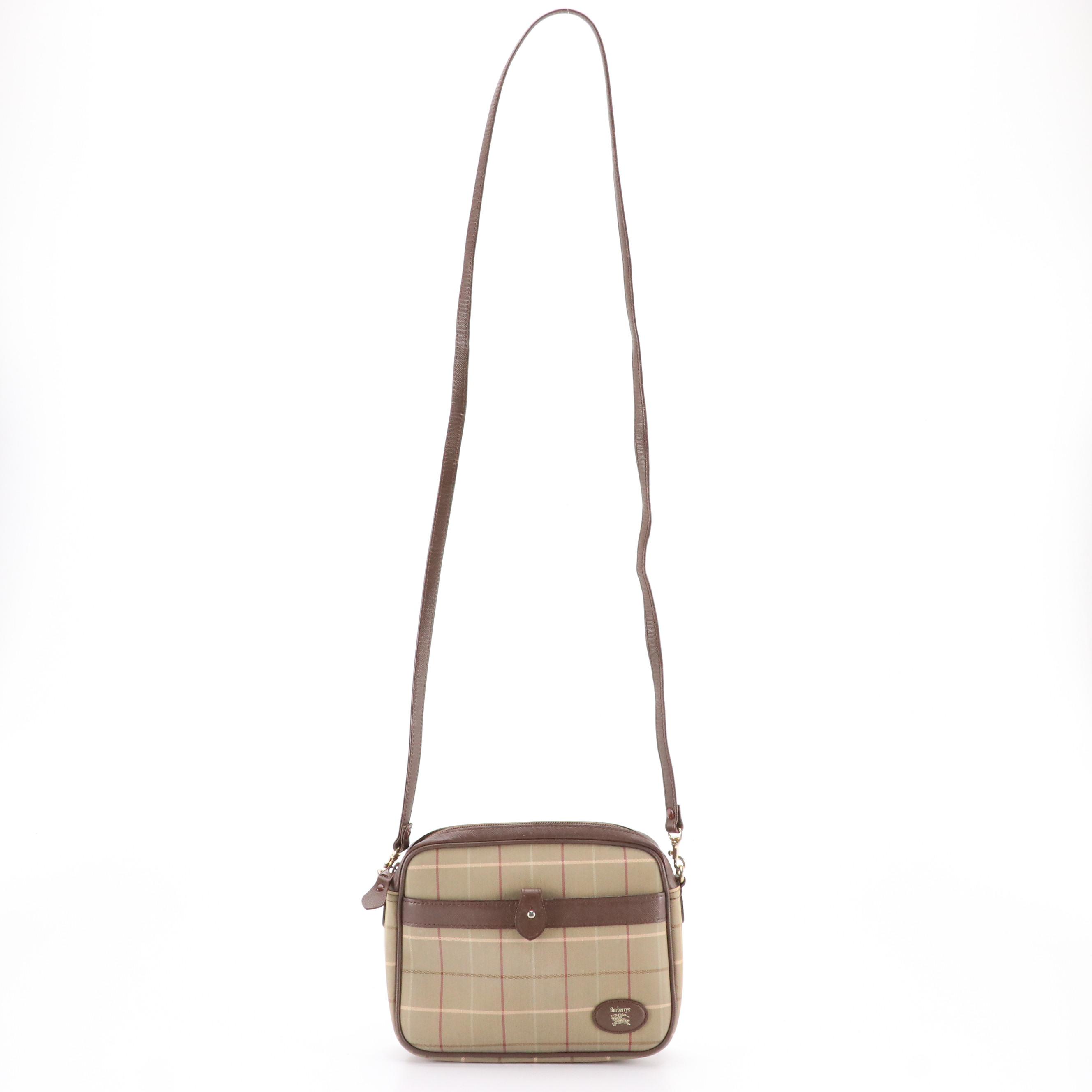 Burberrys Vintage Plaid and Brown Saffiano Trim Crossbody Bag