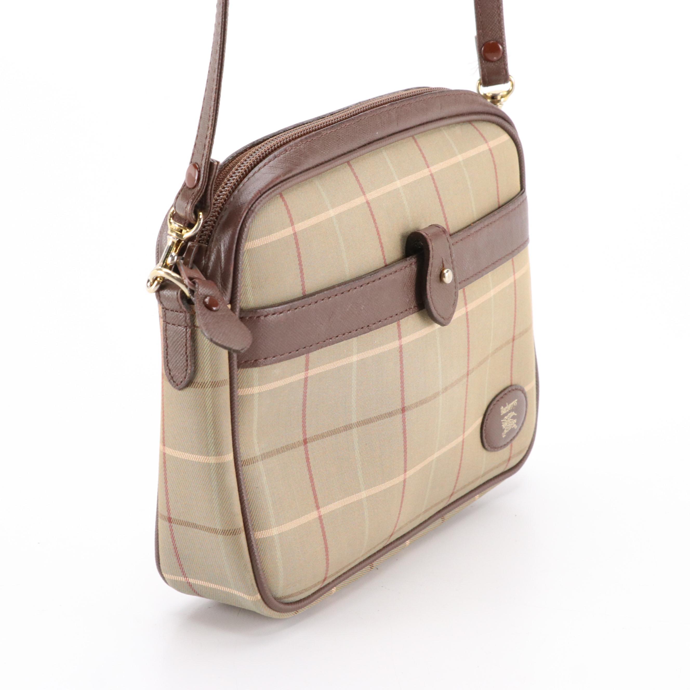 Burberrys Vintage Plaid and Brown Saffiano Trim Crossbody Bag