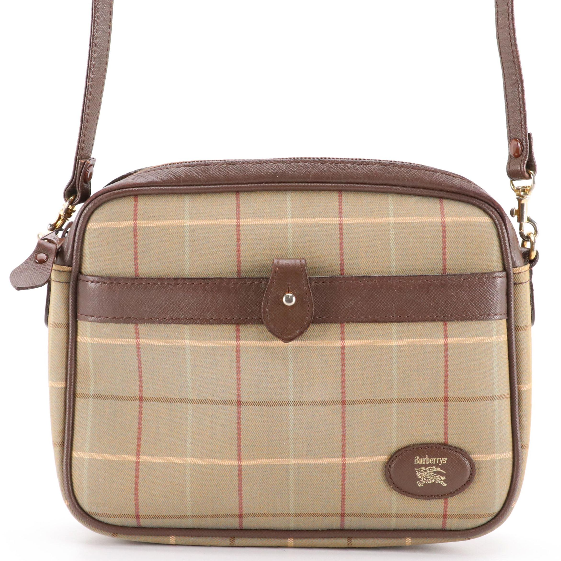 Burberrys Vintage Plaid and Brown Saffiano Trim Crossbody Bag