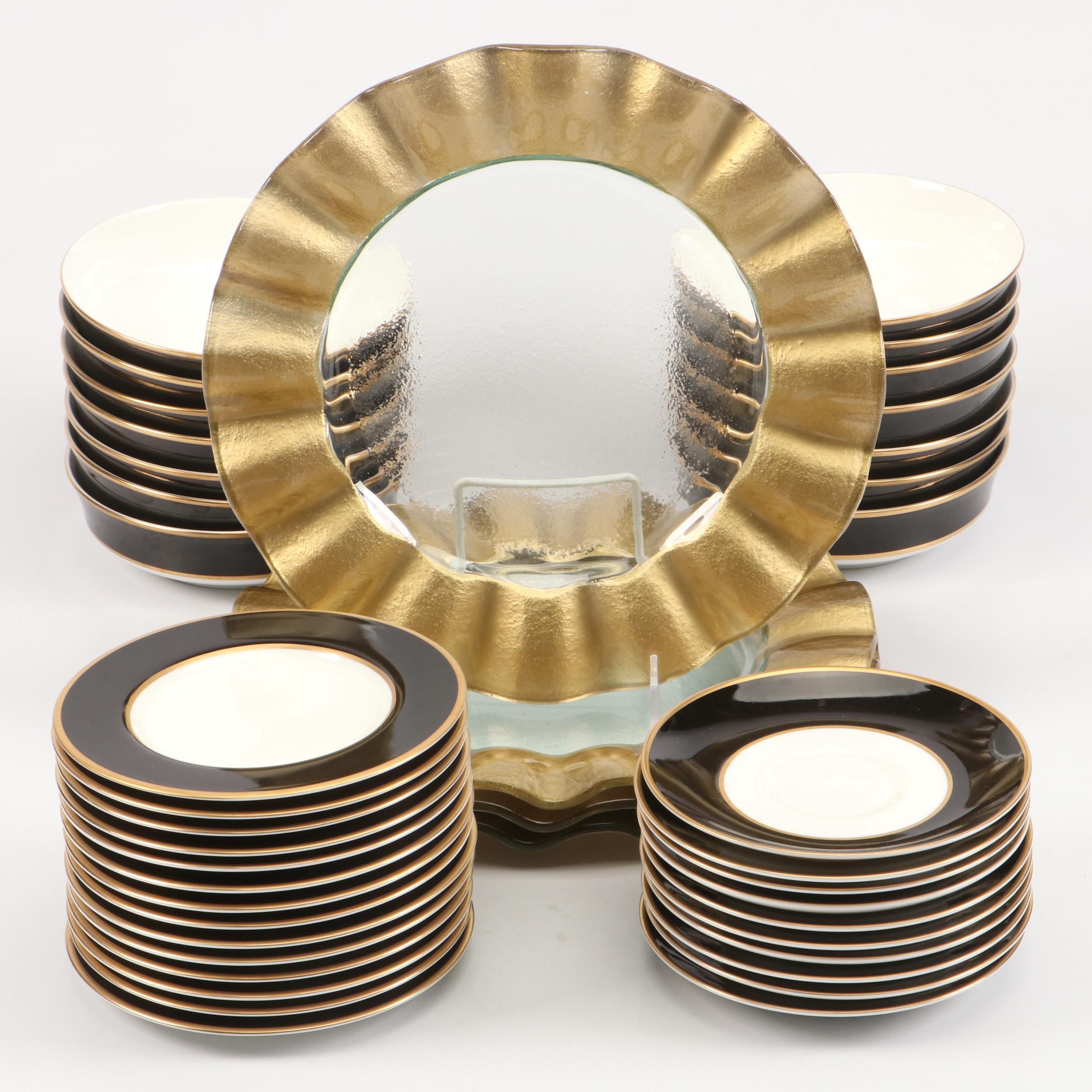 Mikasa "Onyx" Black and Gold Porcelain Dinnerware with Fluted Glass