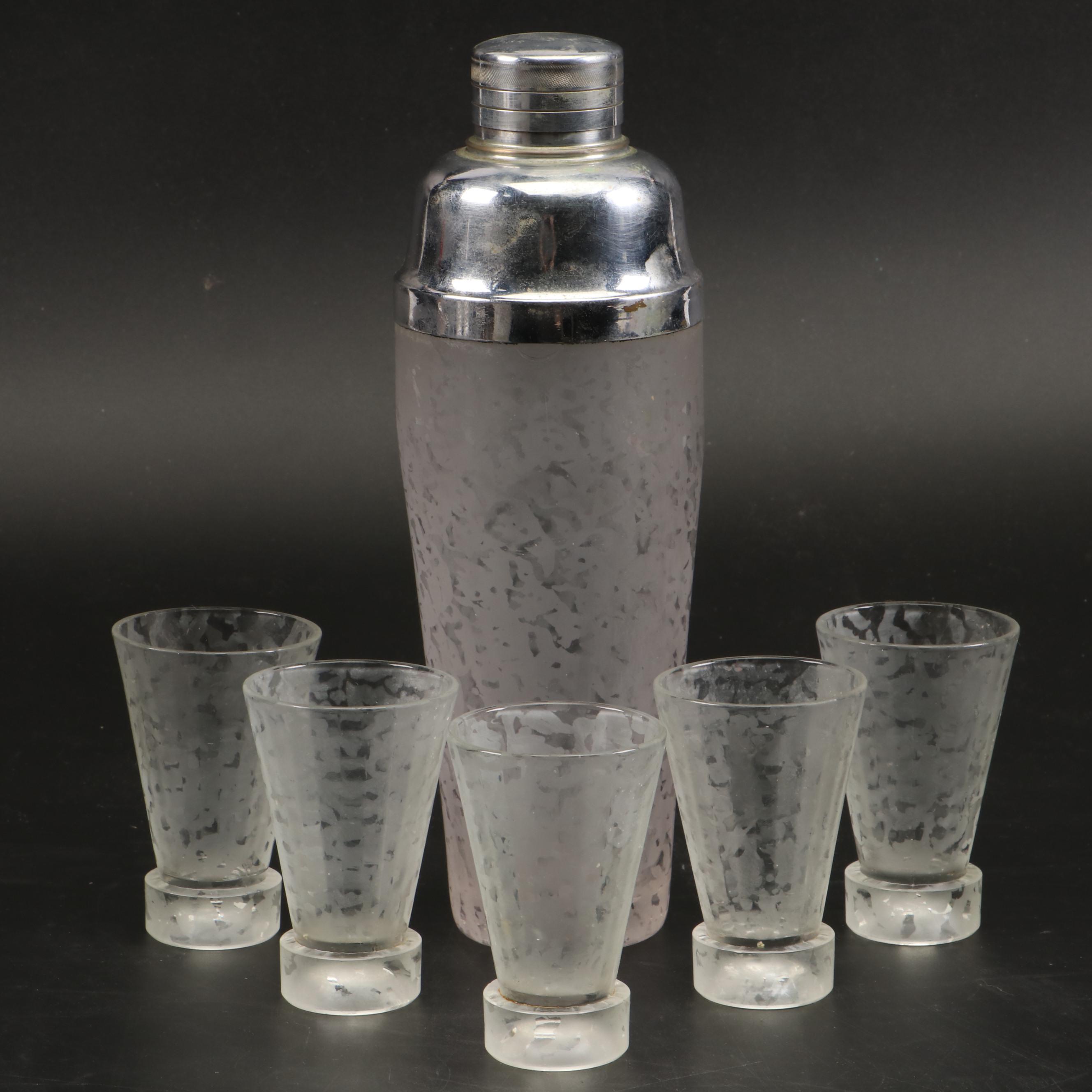 Etched Glass Cocktail Shaker and Shot Glasses