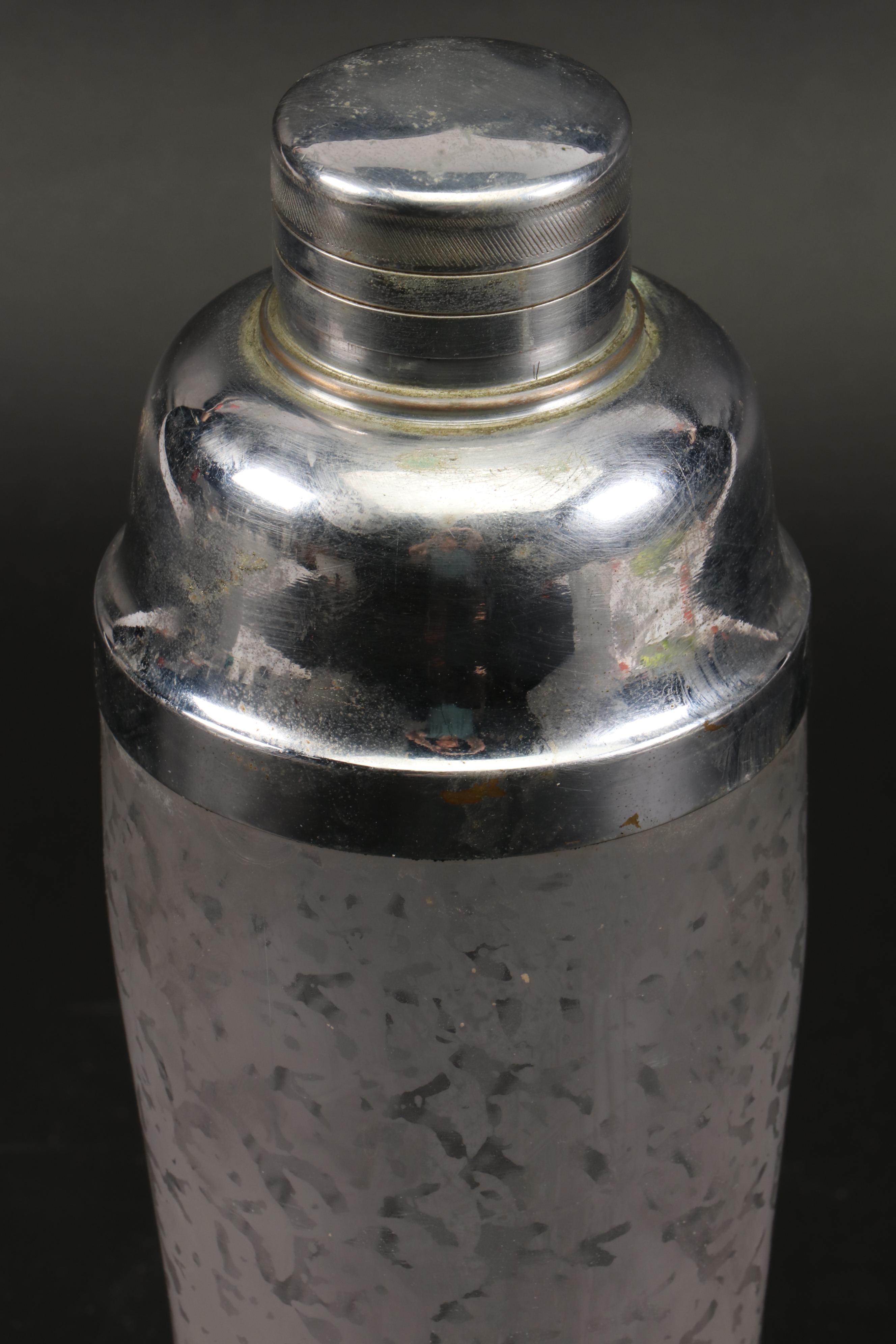 Etched Glass Cocktail Shaker and Shot Glasses