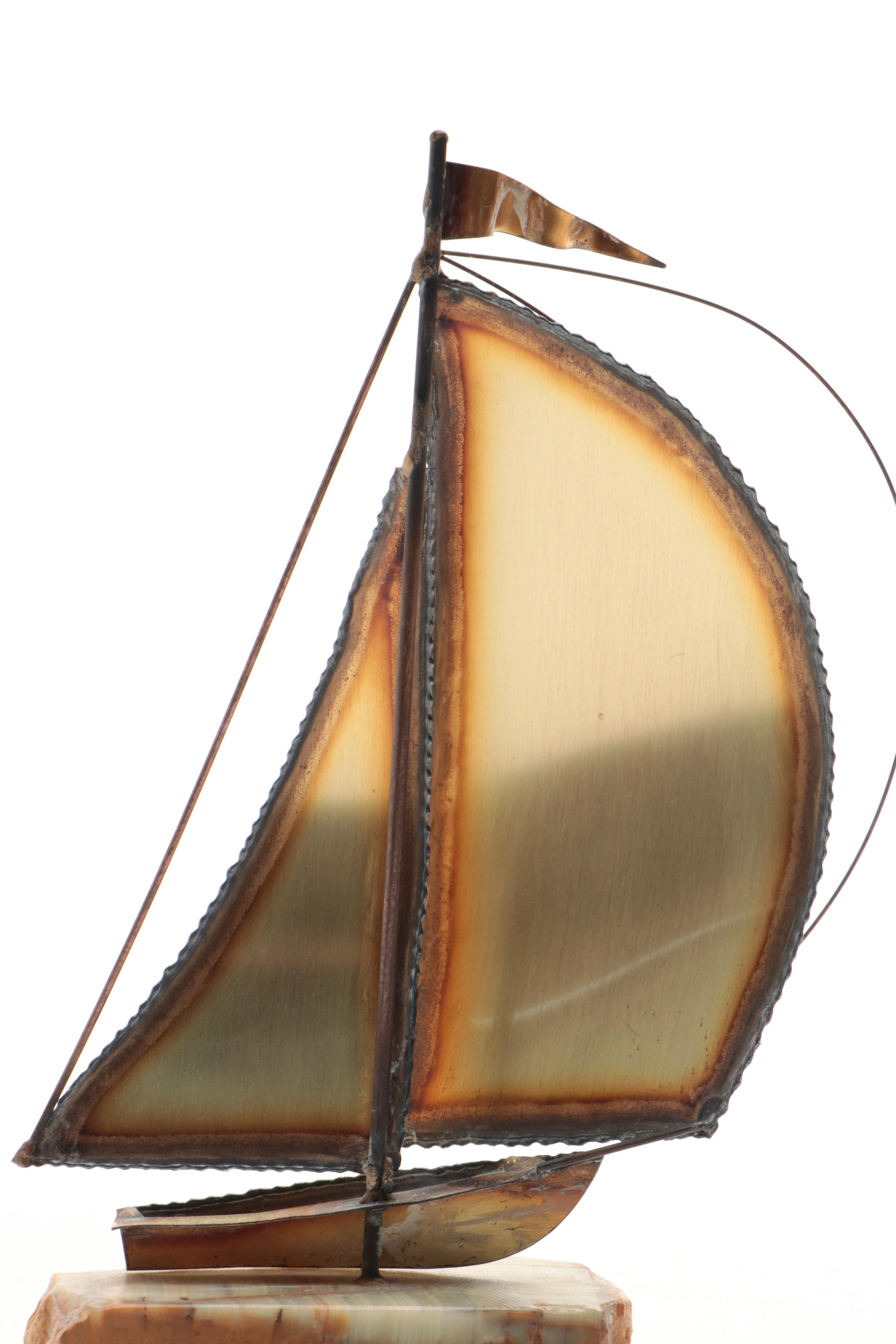 MCM John DeMott Signed Welded Brass Sailboat Sculpture on Stone Base