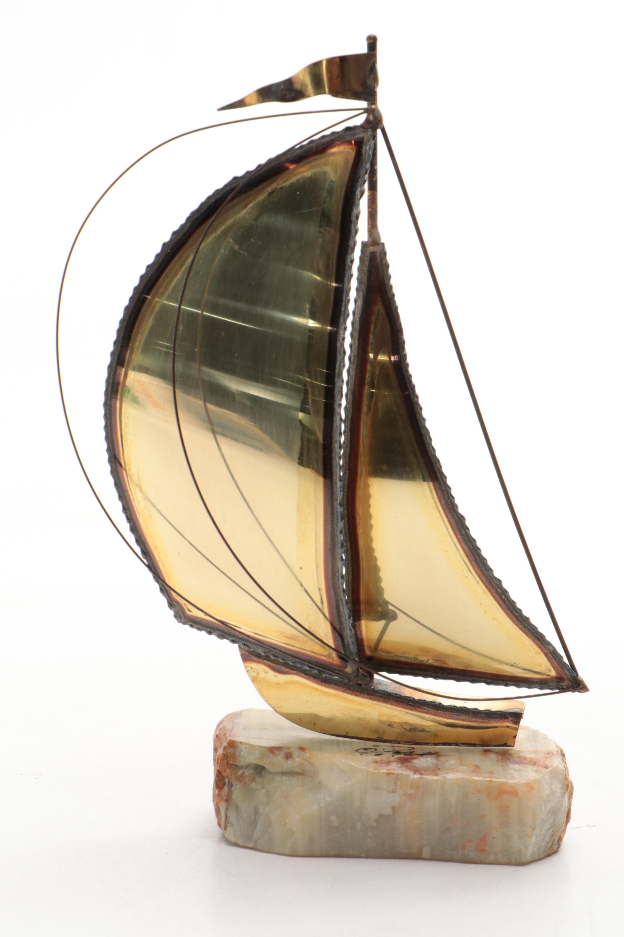MCM John DeMott Signed Welded Brass Sailboat Sculpture on Stone Base