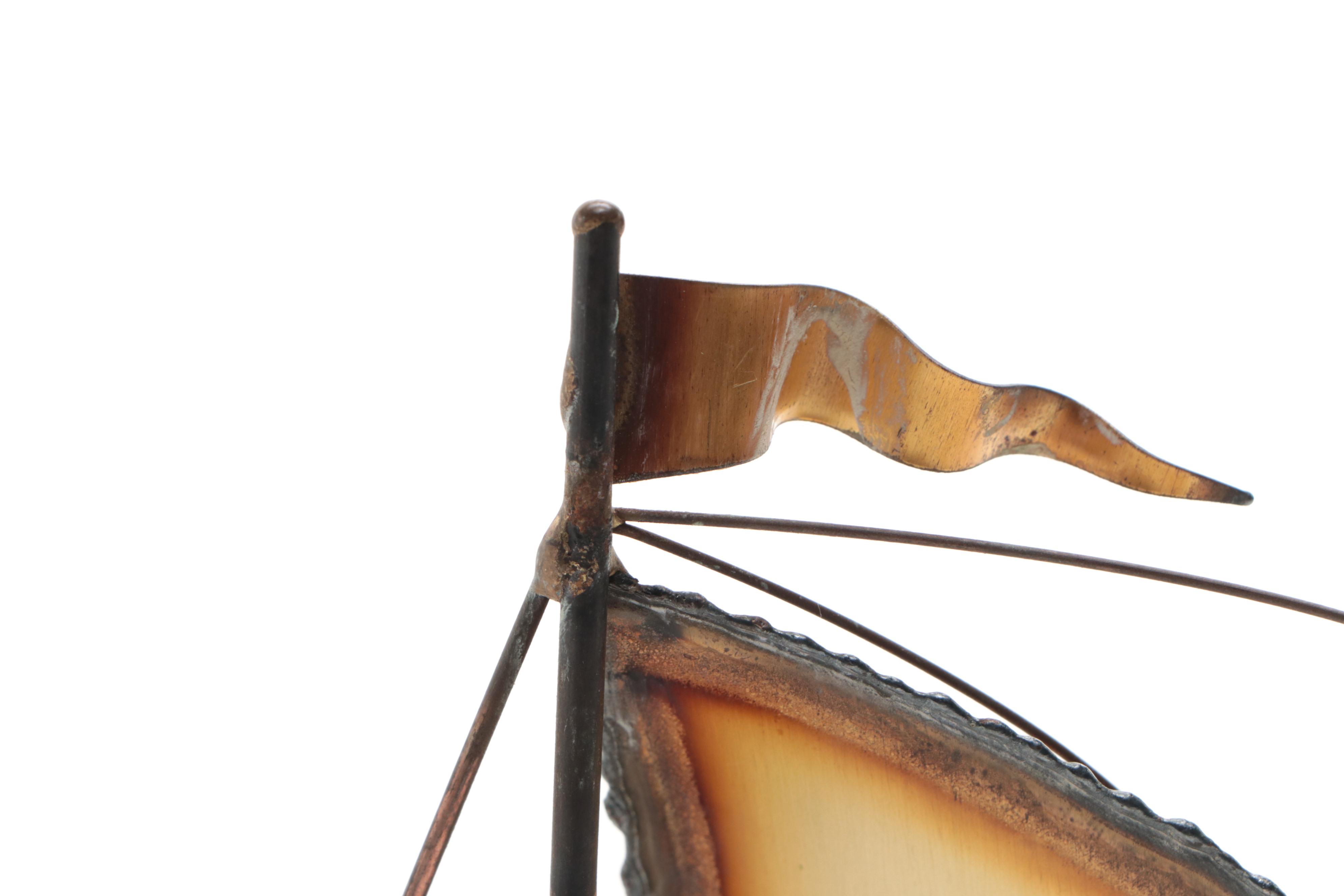 MCM John DeMott Signed Welded Brass Sailboat Sculpture on Stone Base