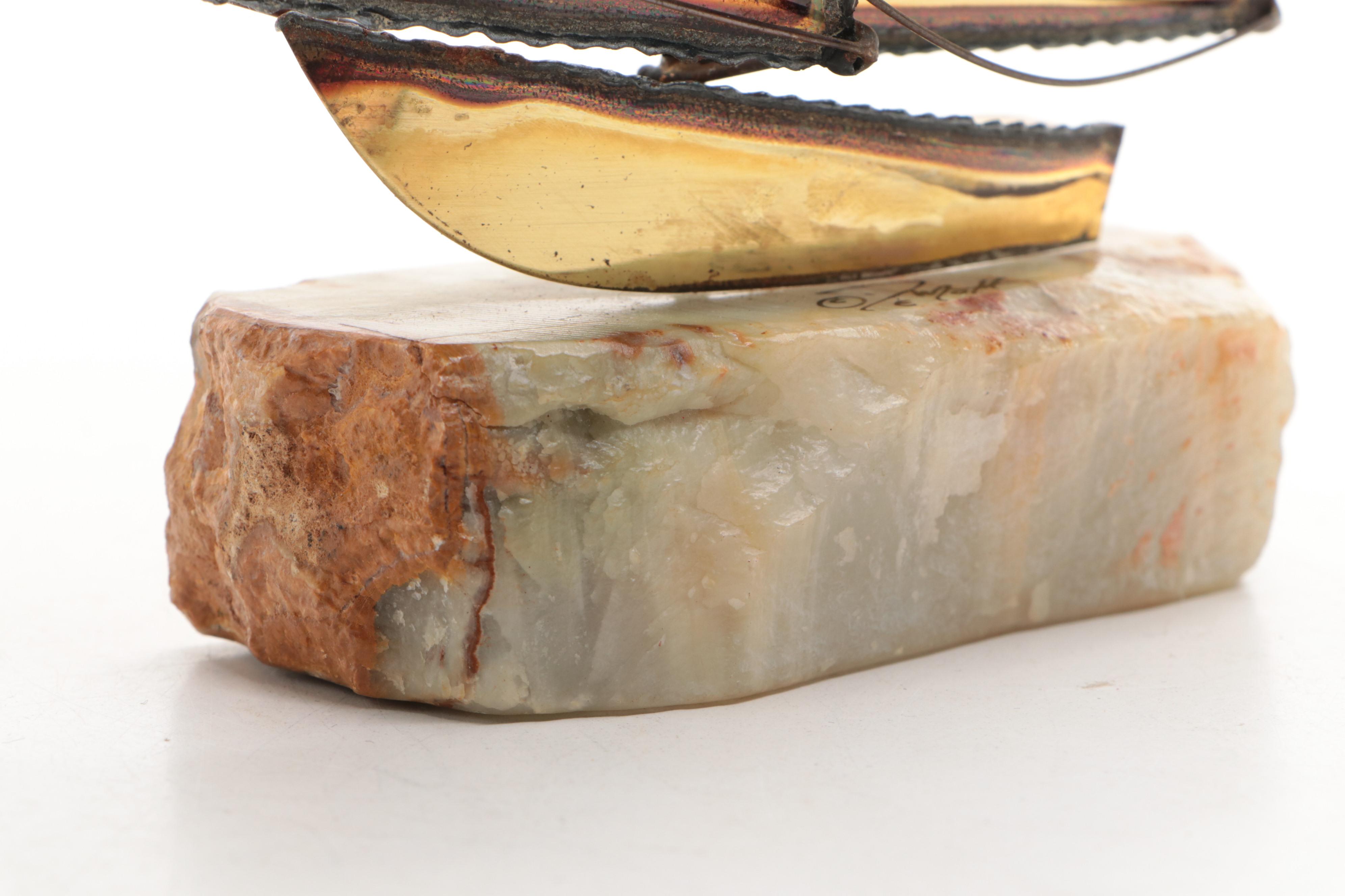 MCM John DeMott Signed Welded Brass Sailboat Sculpture on Stone Base