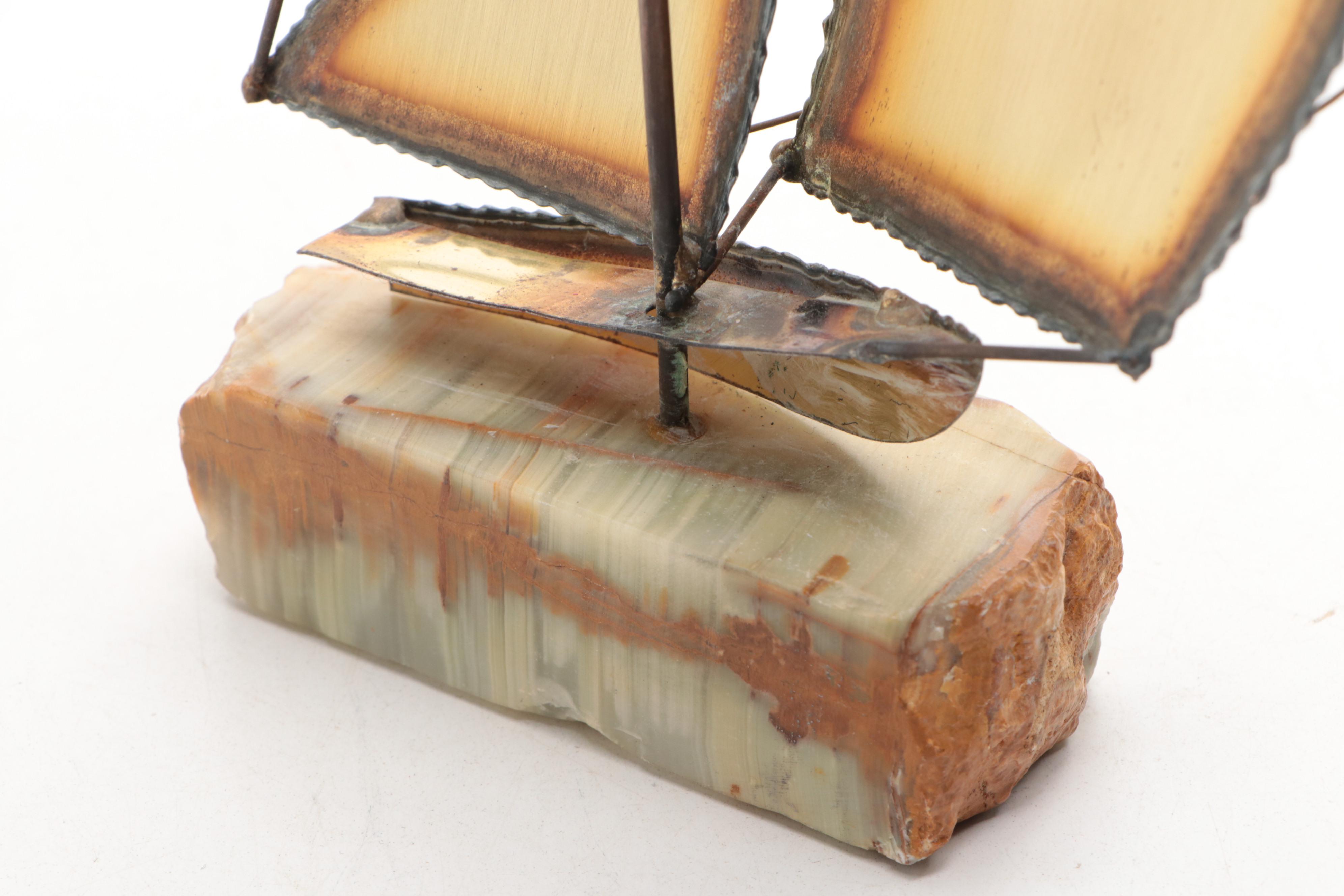 MCM John DeMott Signed Welded Brass Sailboat Sculpture on Stone Base