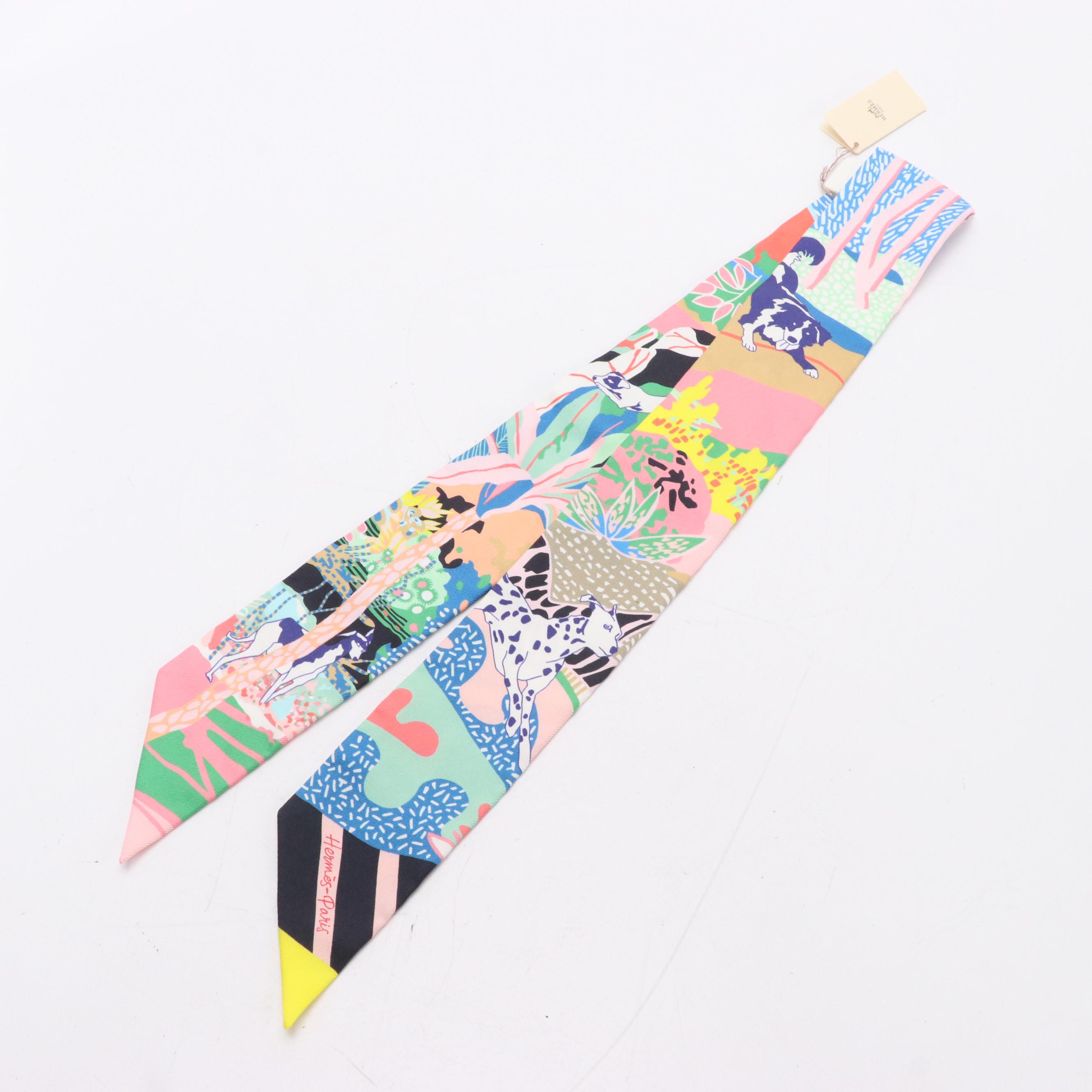 Hermès "En Liberté!" Dog Print Silk Twilly Scarf, New With Tags