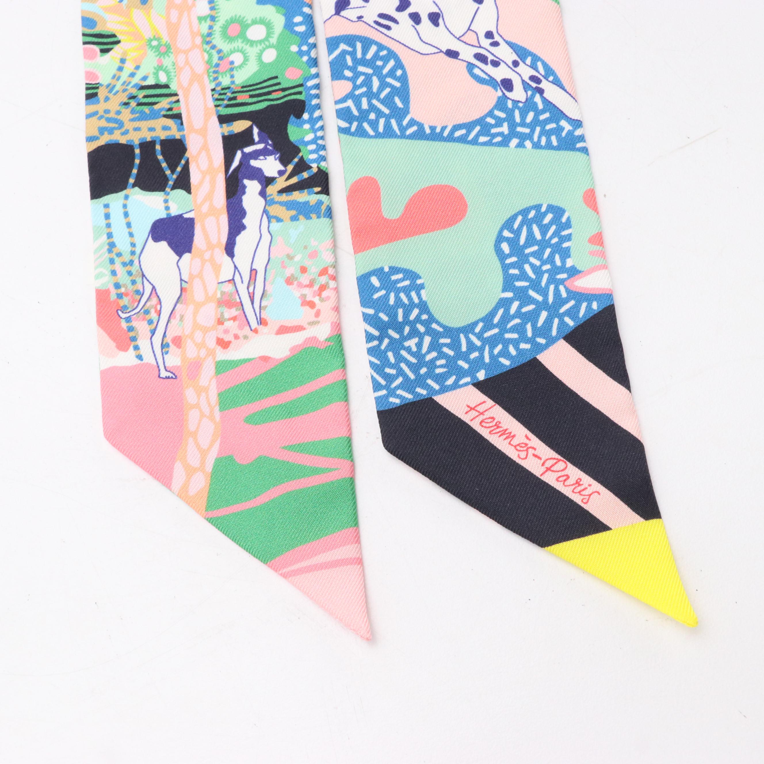 Hermès "En Liberté!" Dog Print Silk Twilly Scarf, New With Tags