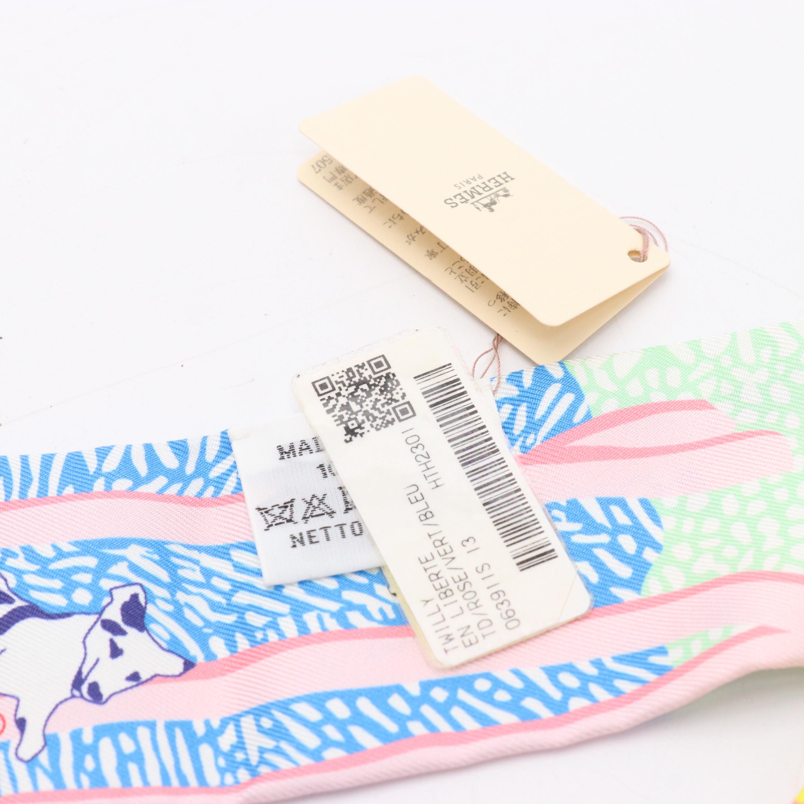Hermès "En Liberté!" Dog Print Silk Twilly Scarf, New With Tags