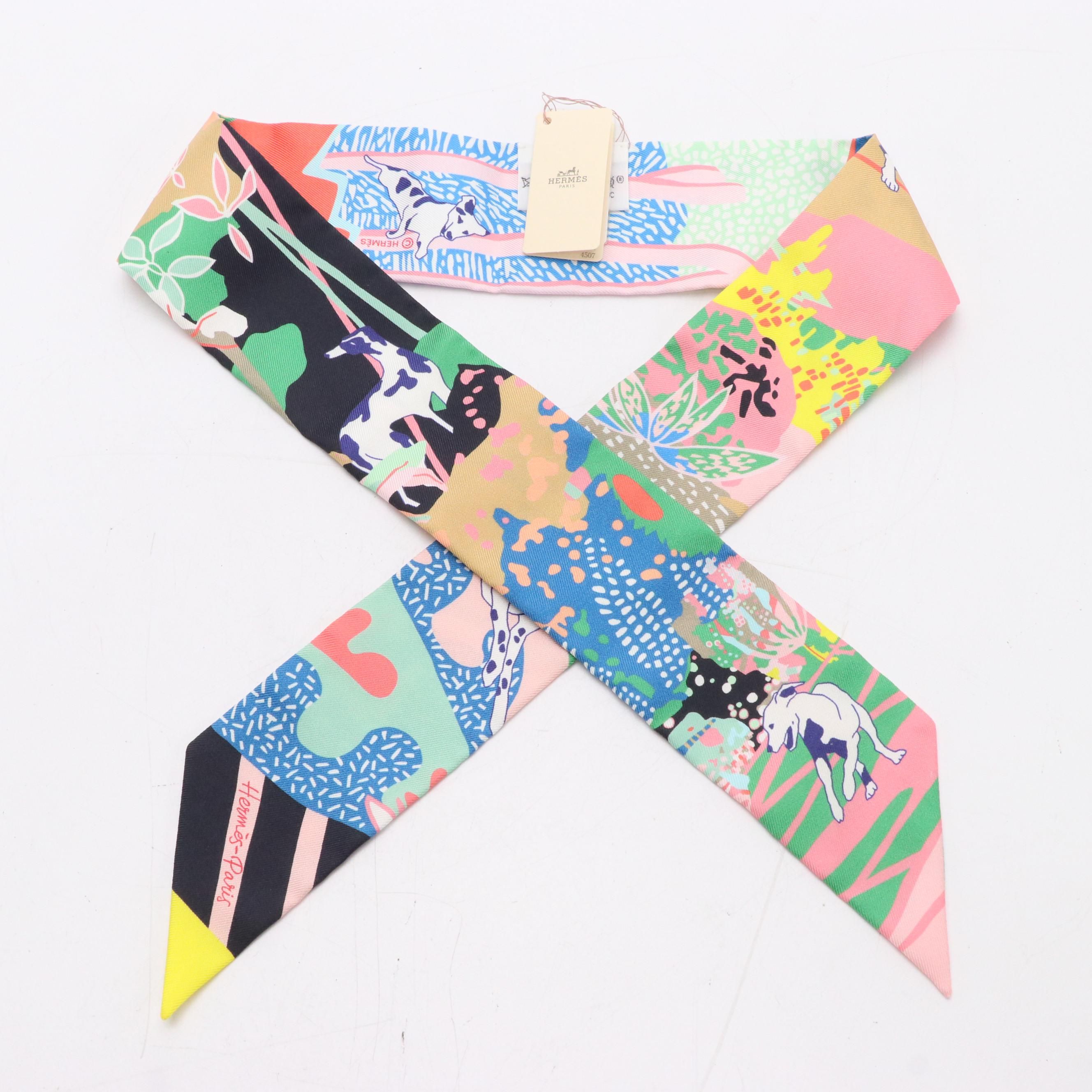Hermès "En Liberté!" Dog Print Silk Twilly Scarf, New With Tags