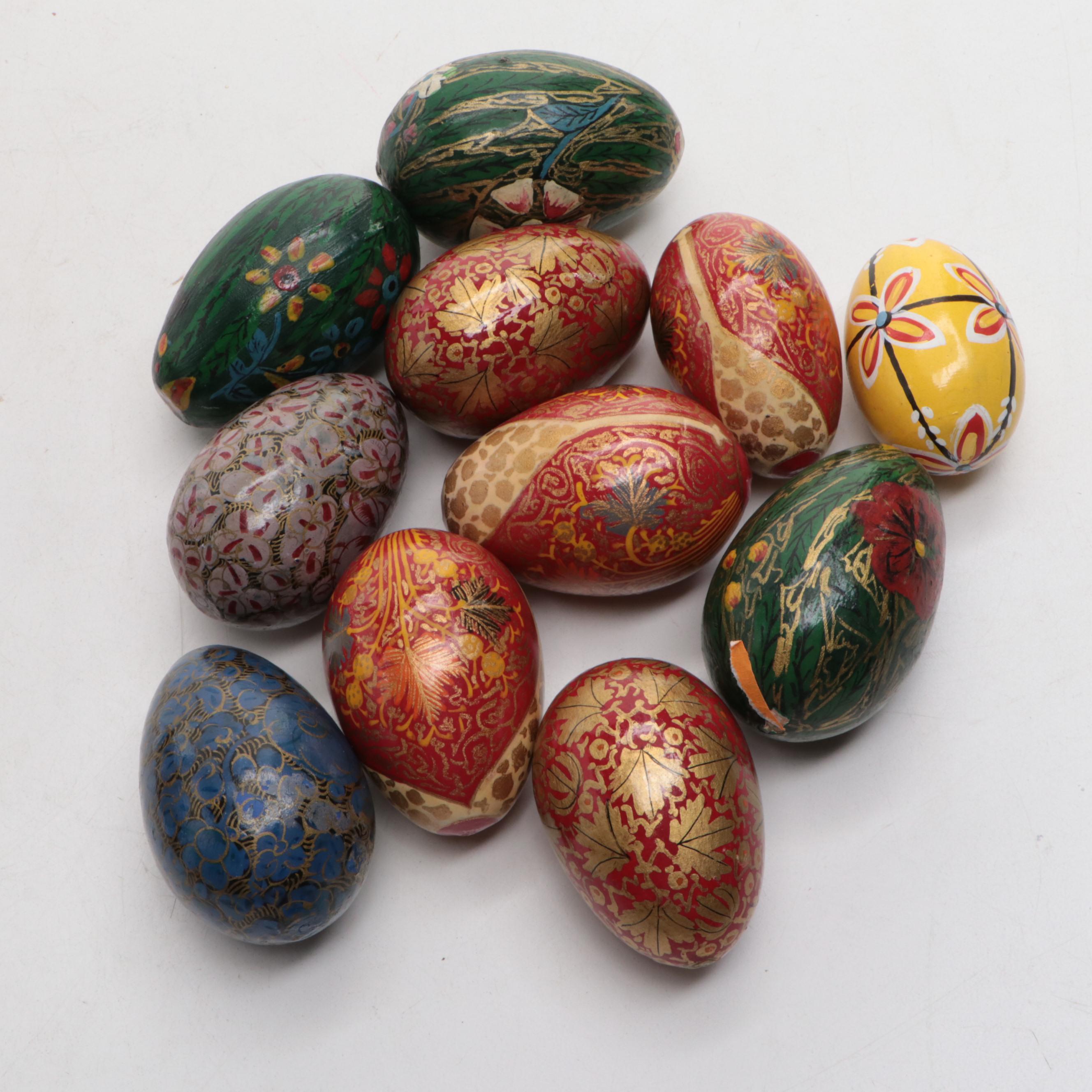 Hand-Painted Floral Motif Wood Egg Figurines with More