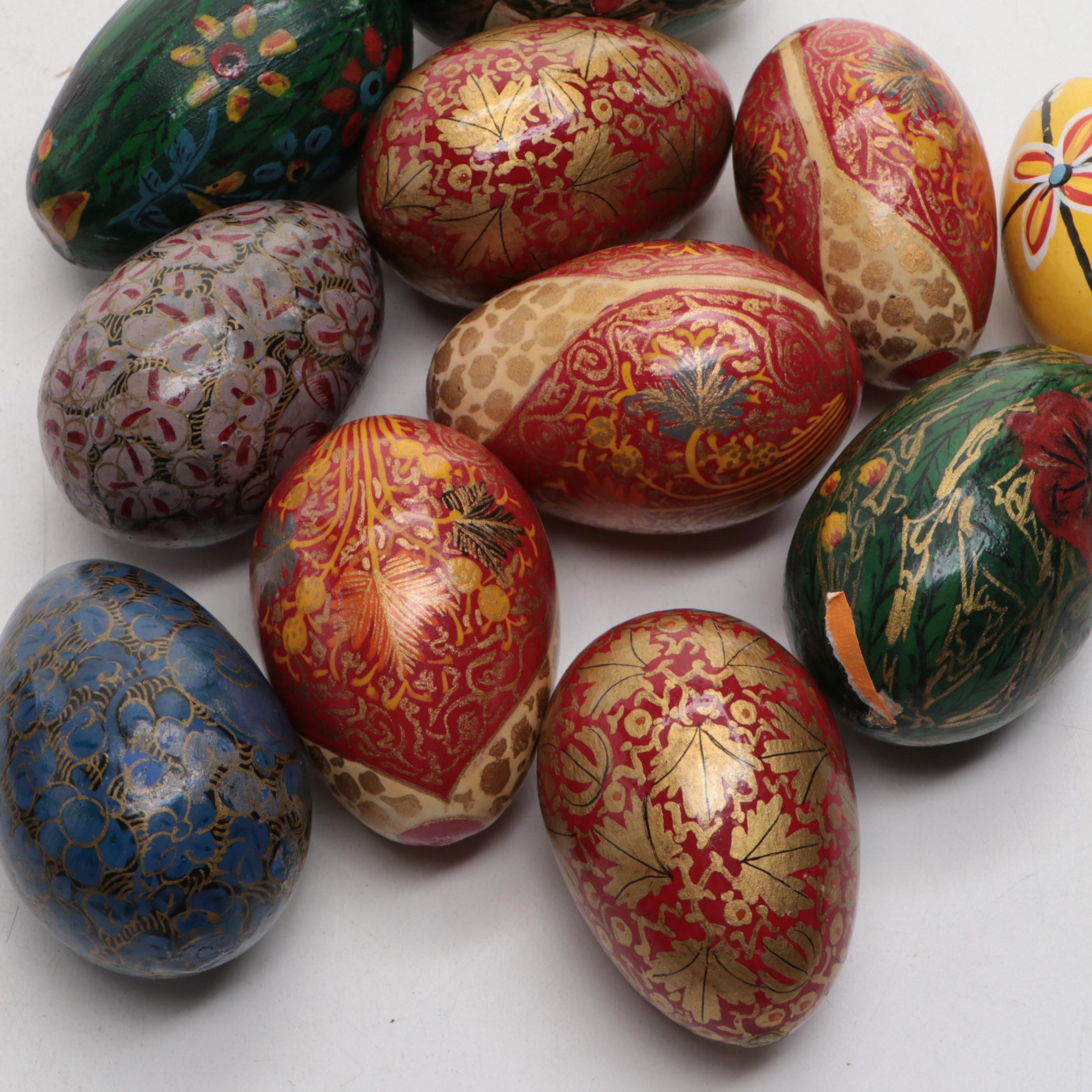 Hand-Painted Floral Motif Wood Egg Figurines with More
