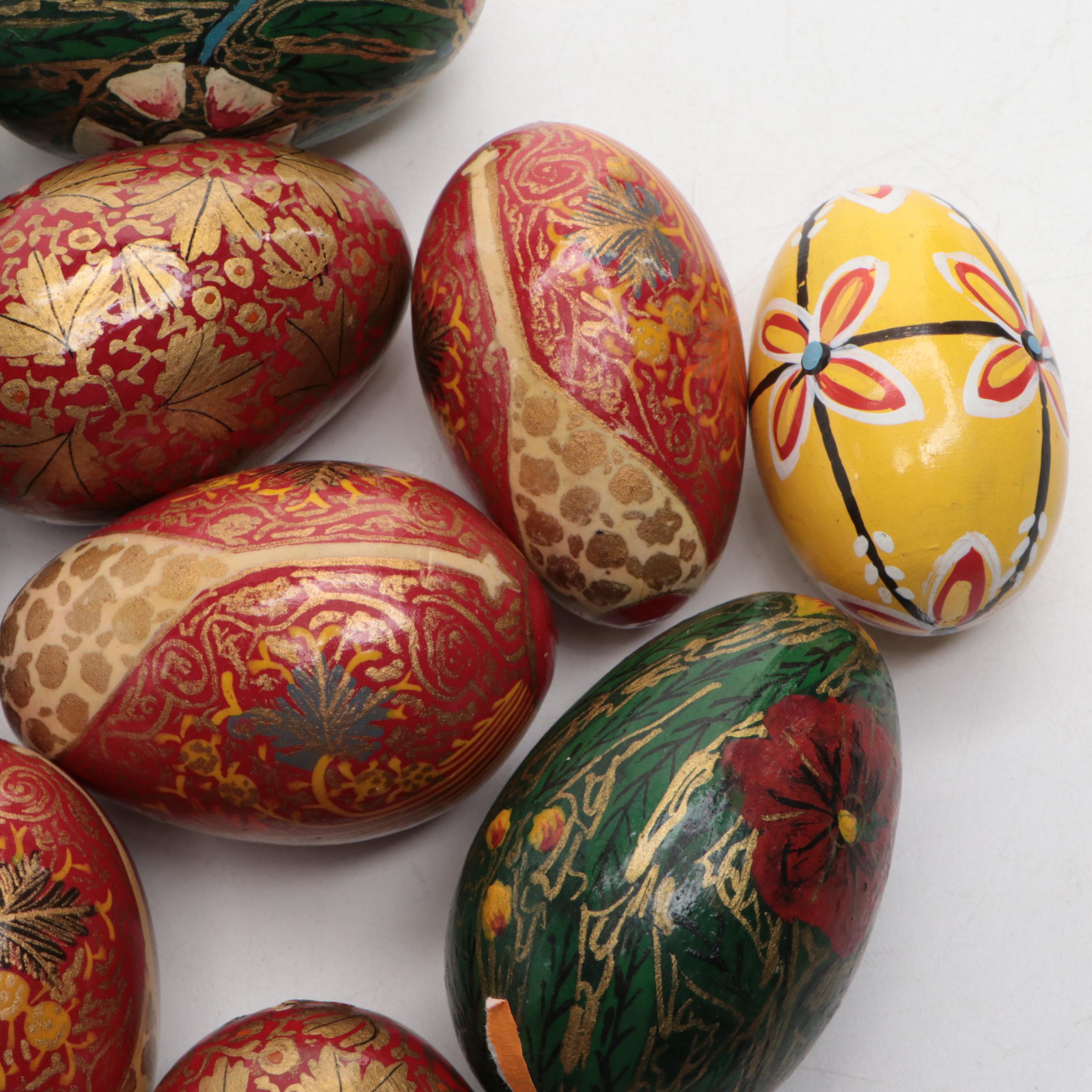 Hand-Painted Floral Motif Wood Egg Figurines with More