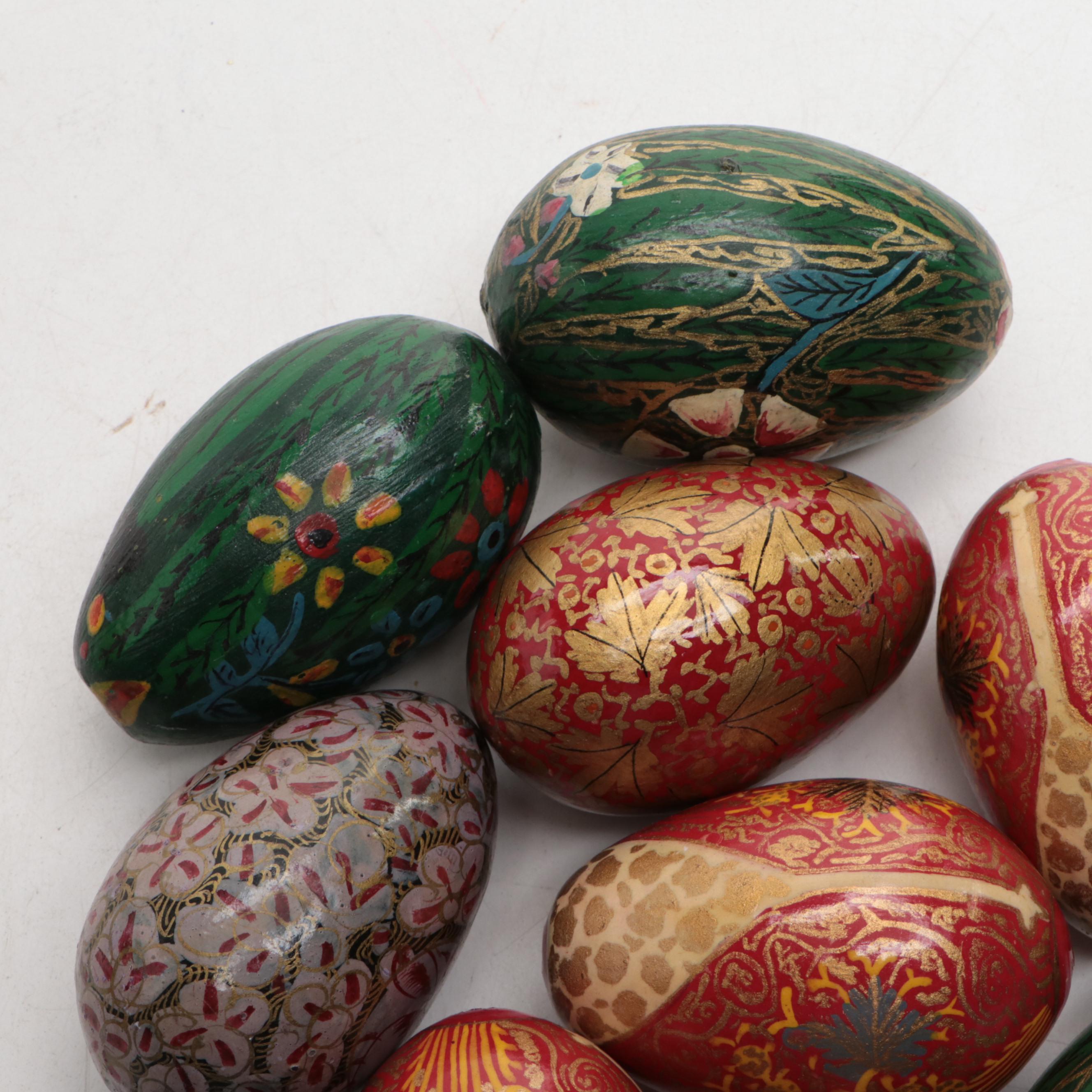 Hand-Painted Floral Motif Wood Egg Figurines with More