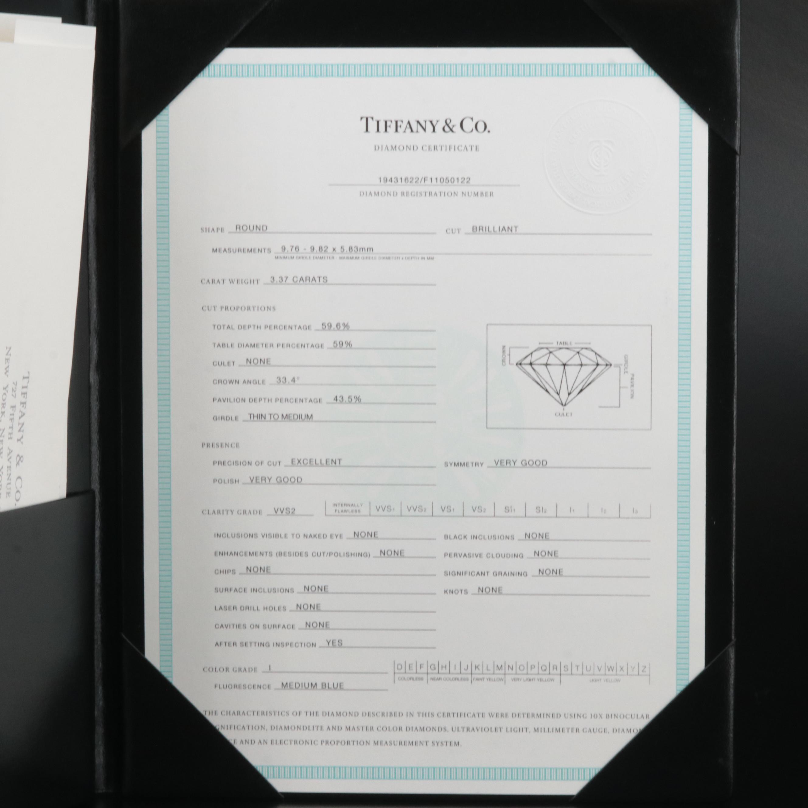 Tiffany & Co. Platinum 3.37 CT Diamond Solitaire Ring with GIA and Tiffany Certs